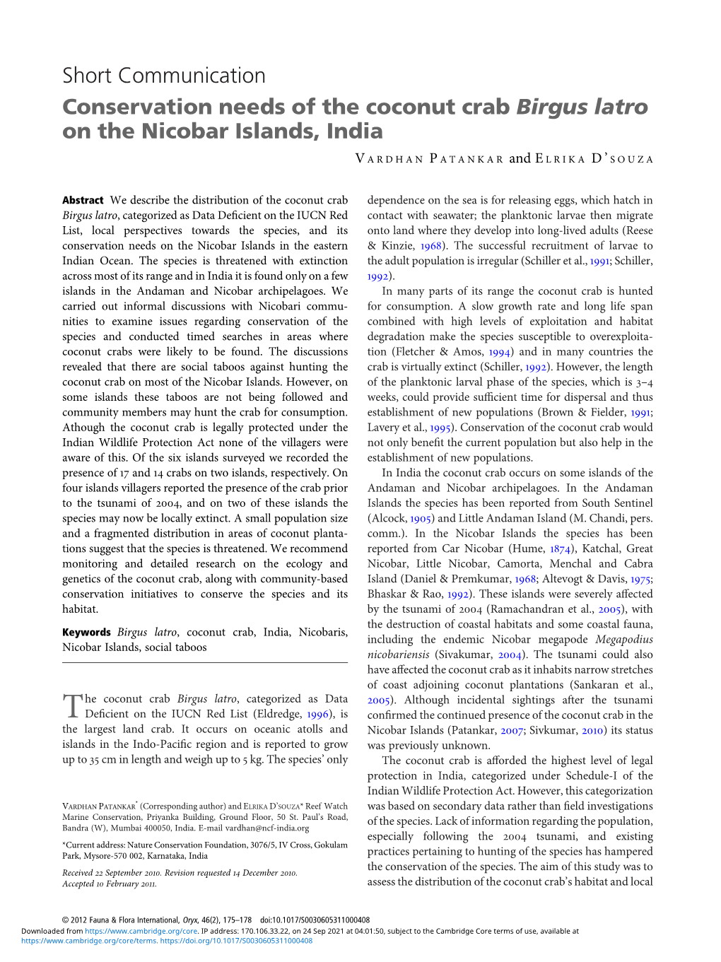 Short Communication Conservation Needs of the Coconut Crab Birgus Latro on the Nicobar Islands, India