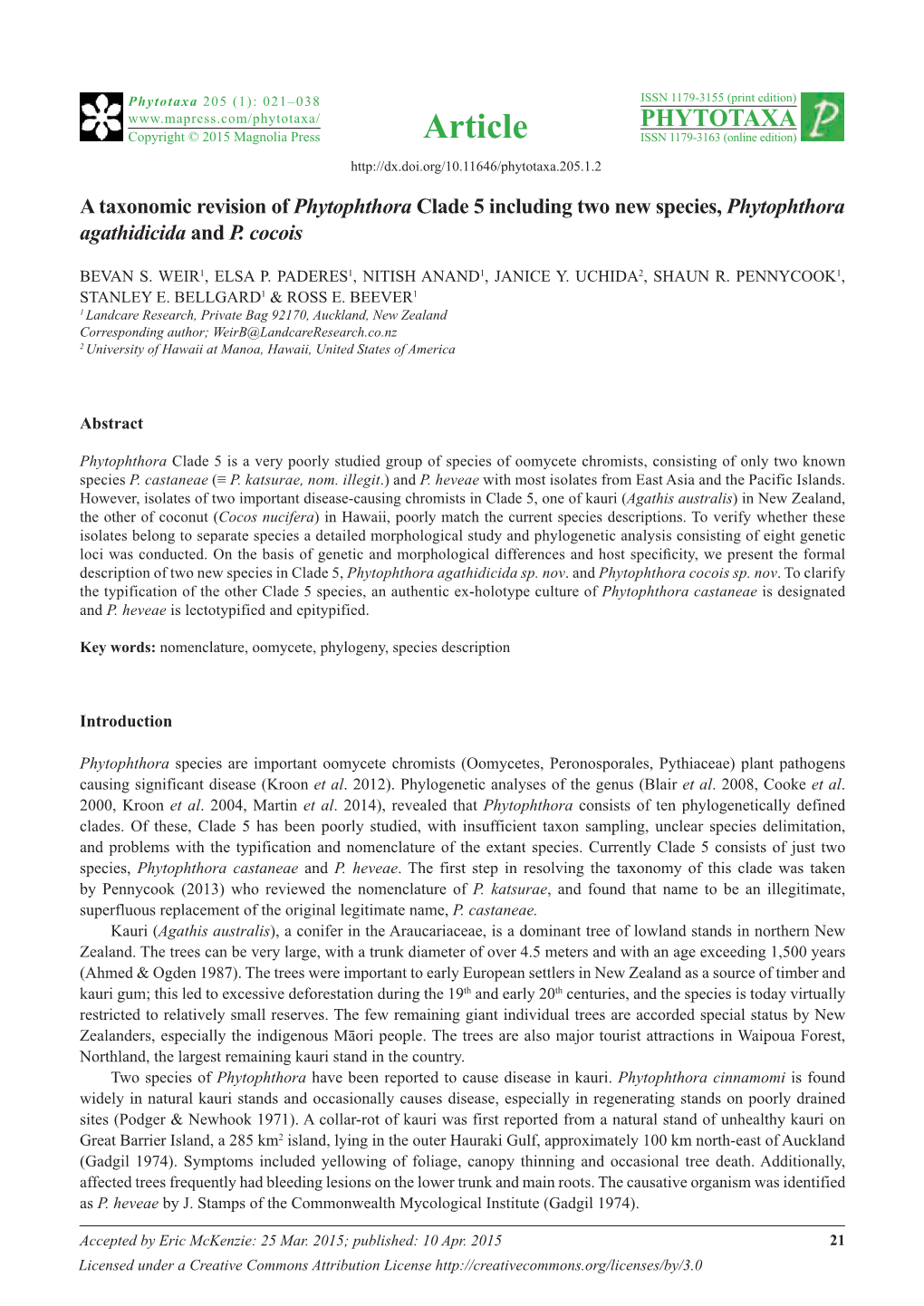 A Taxonomic Revision of Phytophthora Clade 5 Including Two New Species, Phytophthora Agathidicida and P