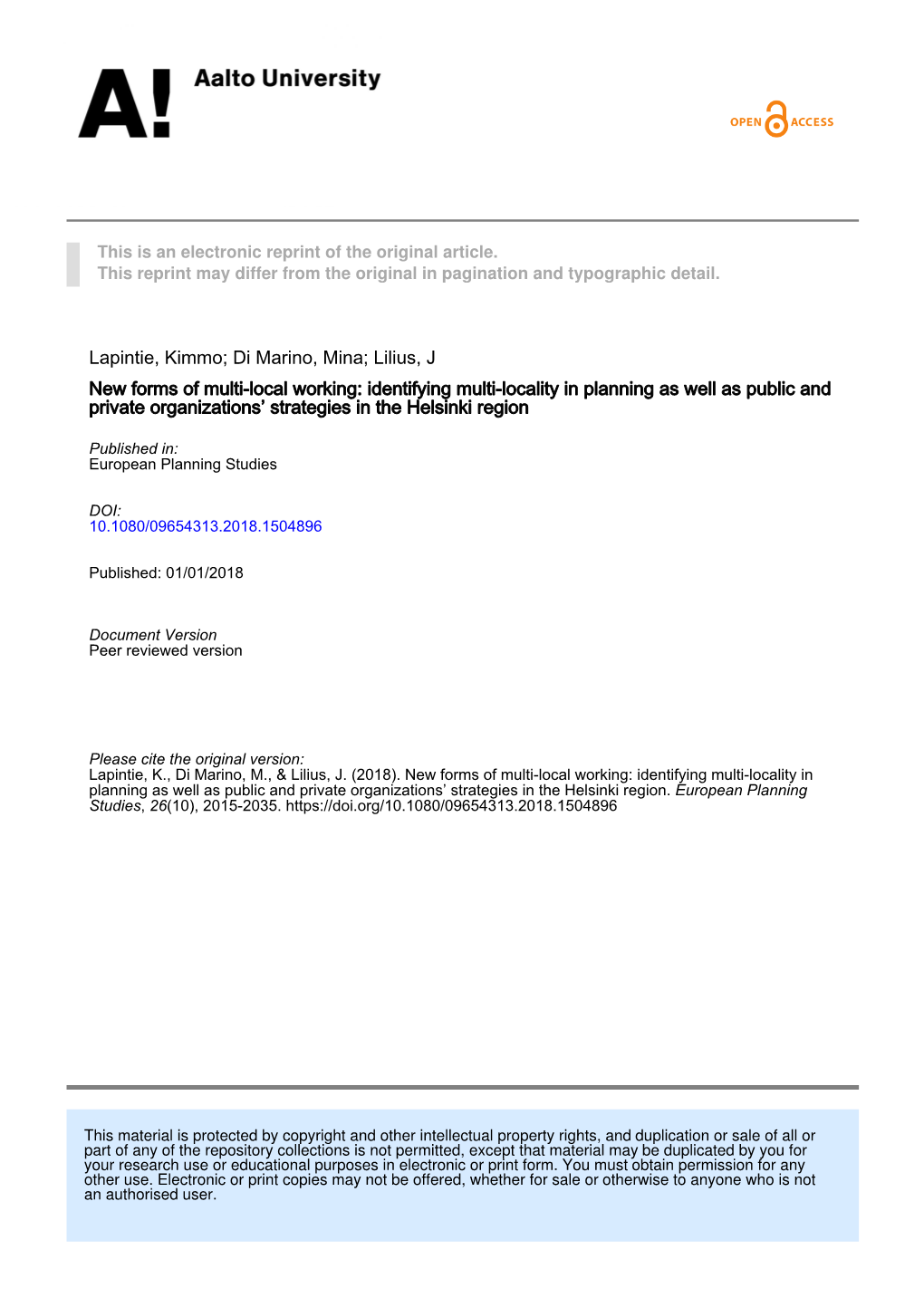 Lilius, J New Forms of Multi-Local Working: Identifying Multi-Locality in Planning As Well As Public and Private Organizations’ Strategies in the Helsinki Region