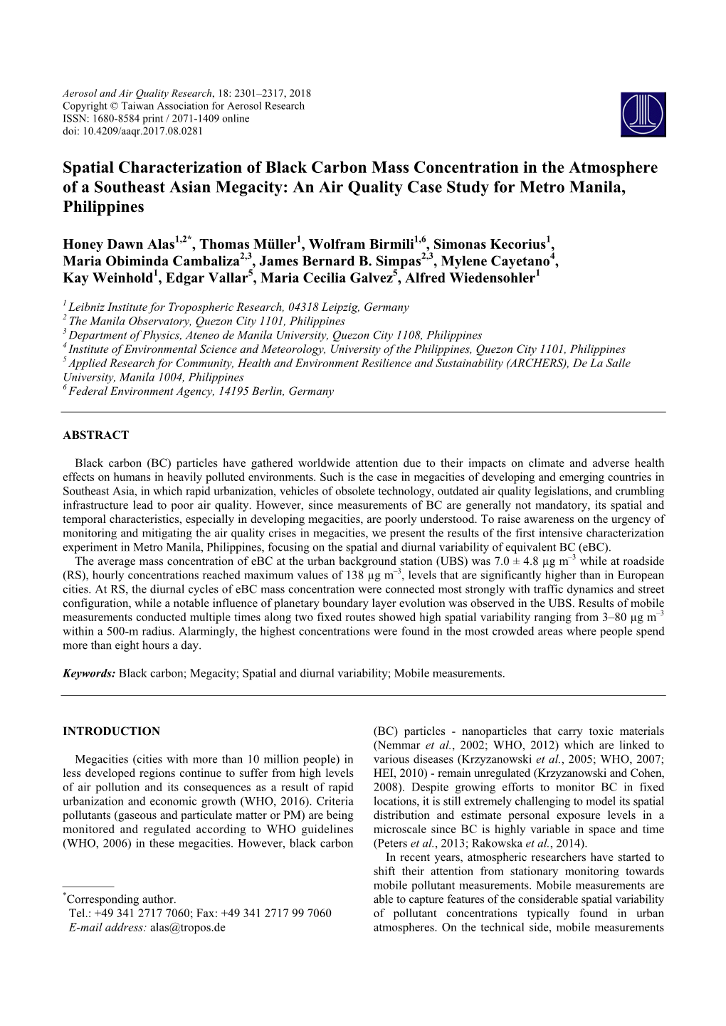 Spatial Characterization of Black Carbon Mass Concentration in the Atmosphere of a Southeast Asian Megacity: an Air Quality Case Study for Metro Manila, Philippines