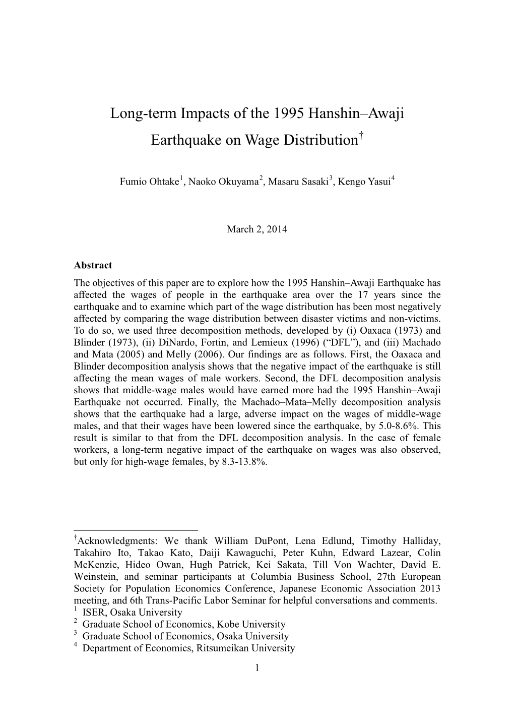 Long-Term Impacts of the 1995 Hanshin–Awaji Earthquake on Wage Distribution†