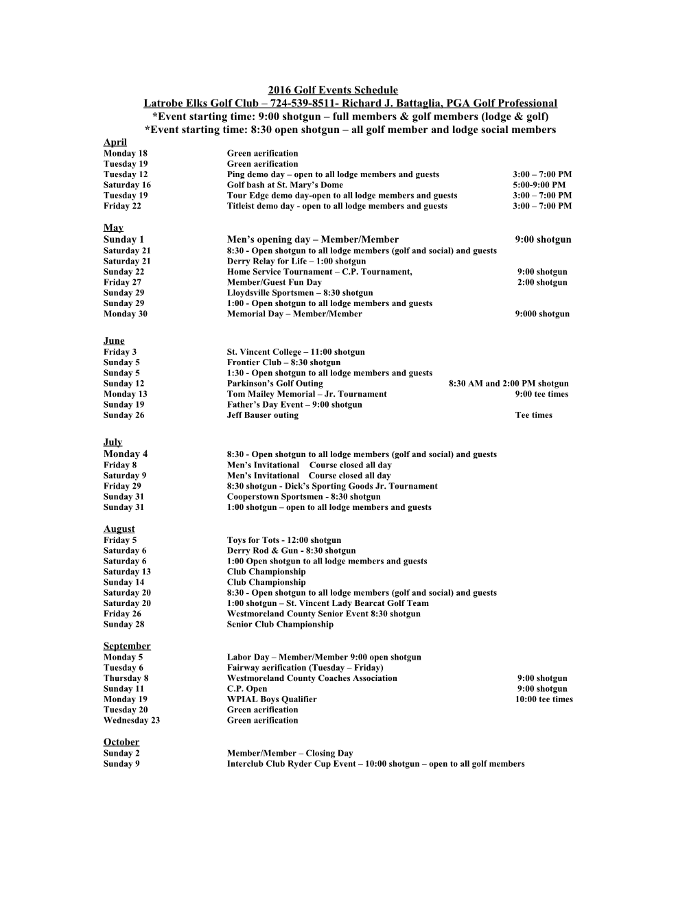 2008 Golf Events Schedule