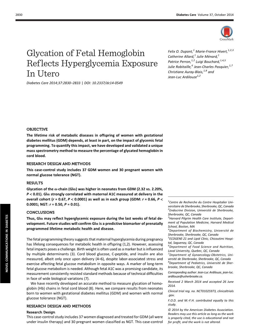 Glycation of Fetal Hemoglobin Reflects Hyperglycemia Exposure