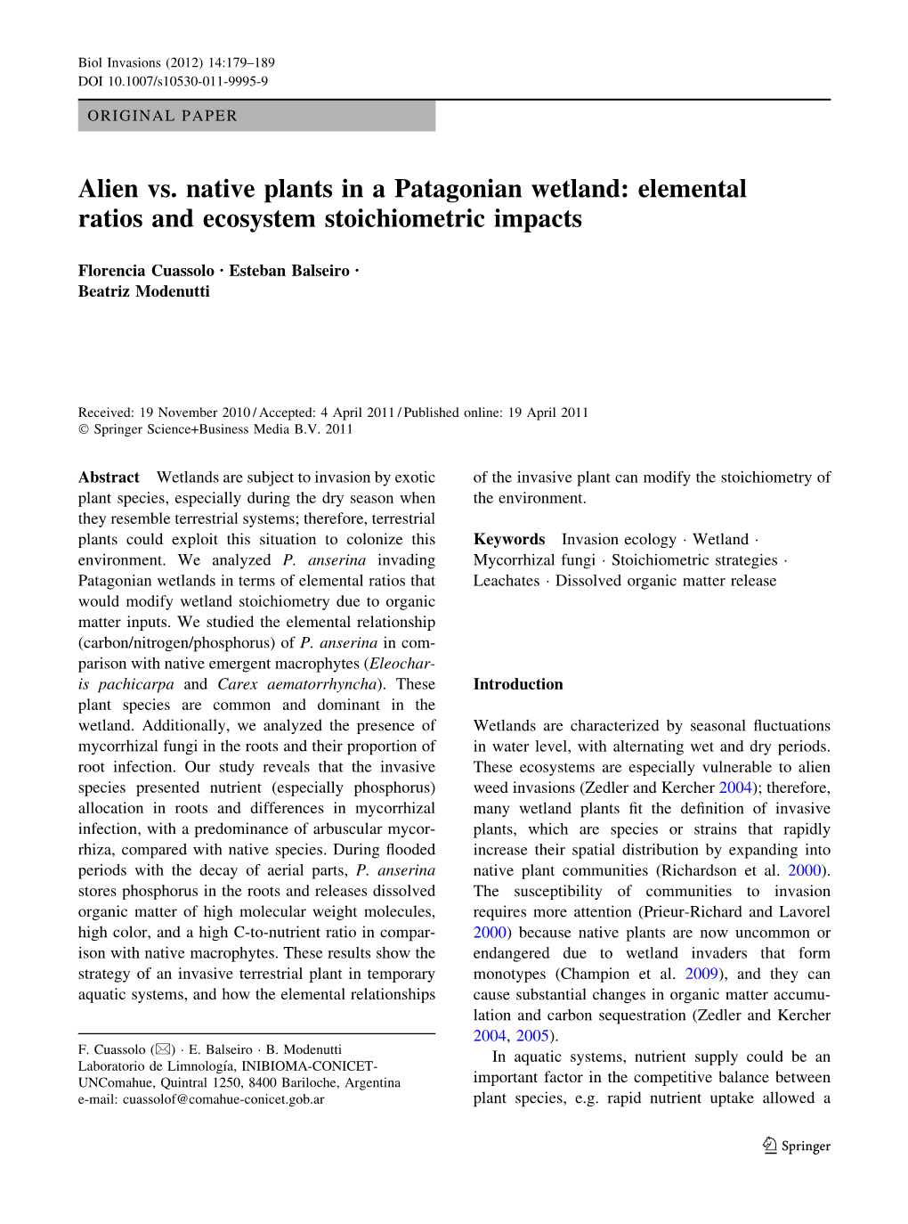 Alien Vs. Native Plants in a Patagonian Wetland: Elemental Ratios and Ecosystem Stoichiometric Impacts