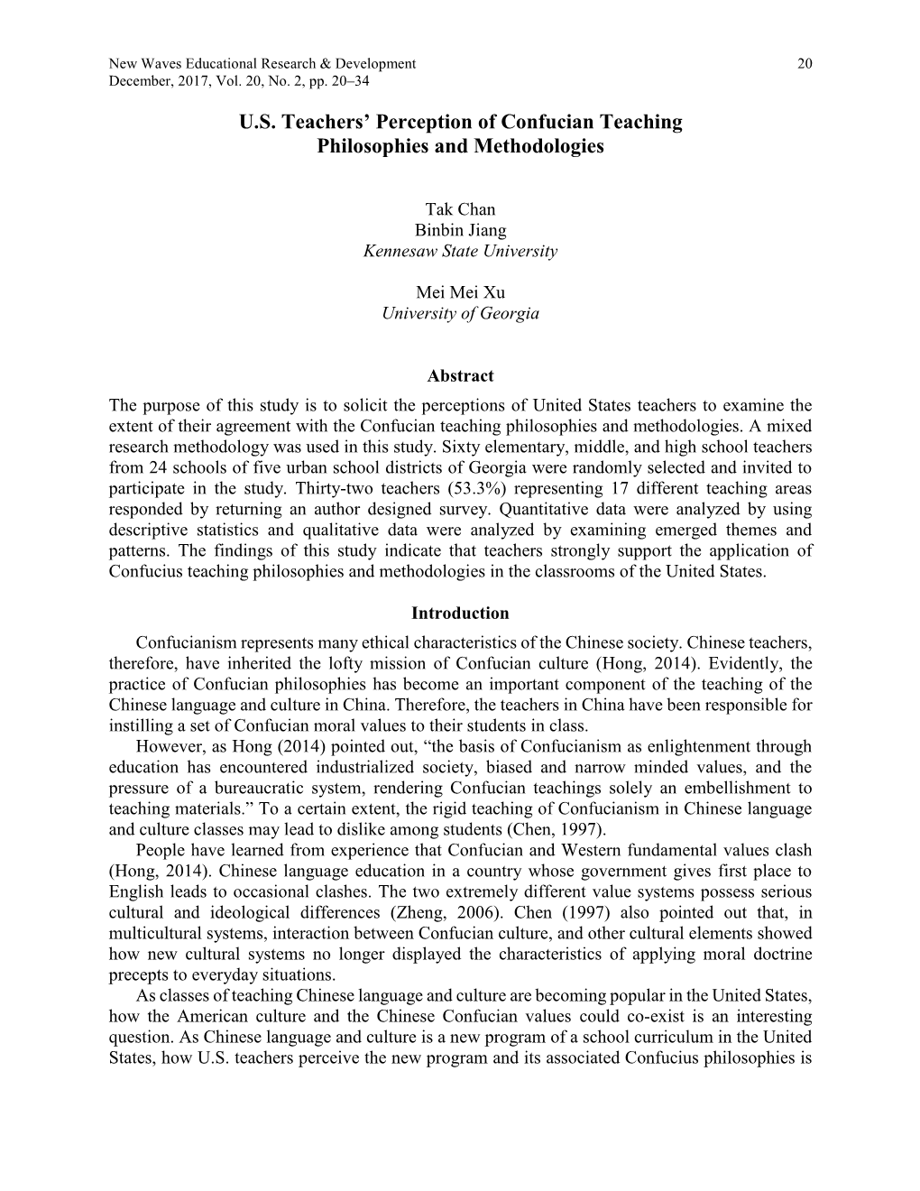 U.S. Teachers' Perception of Confucian Teaching Philosophies