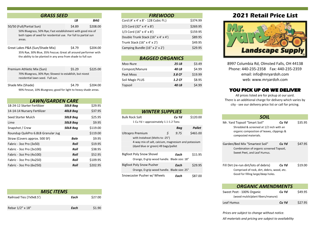 2021 Retail Price List