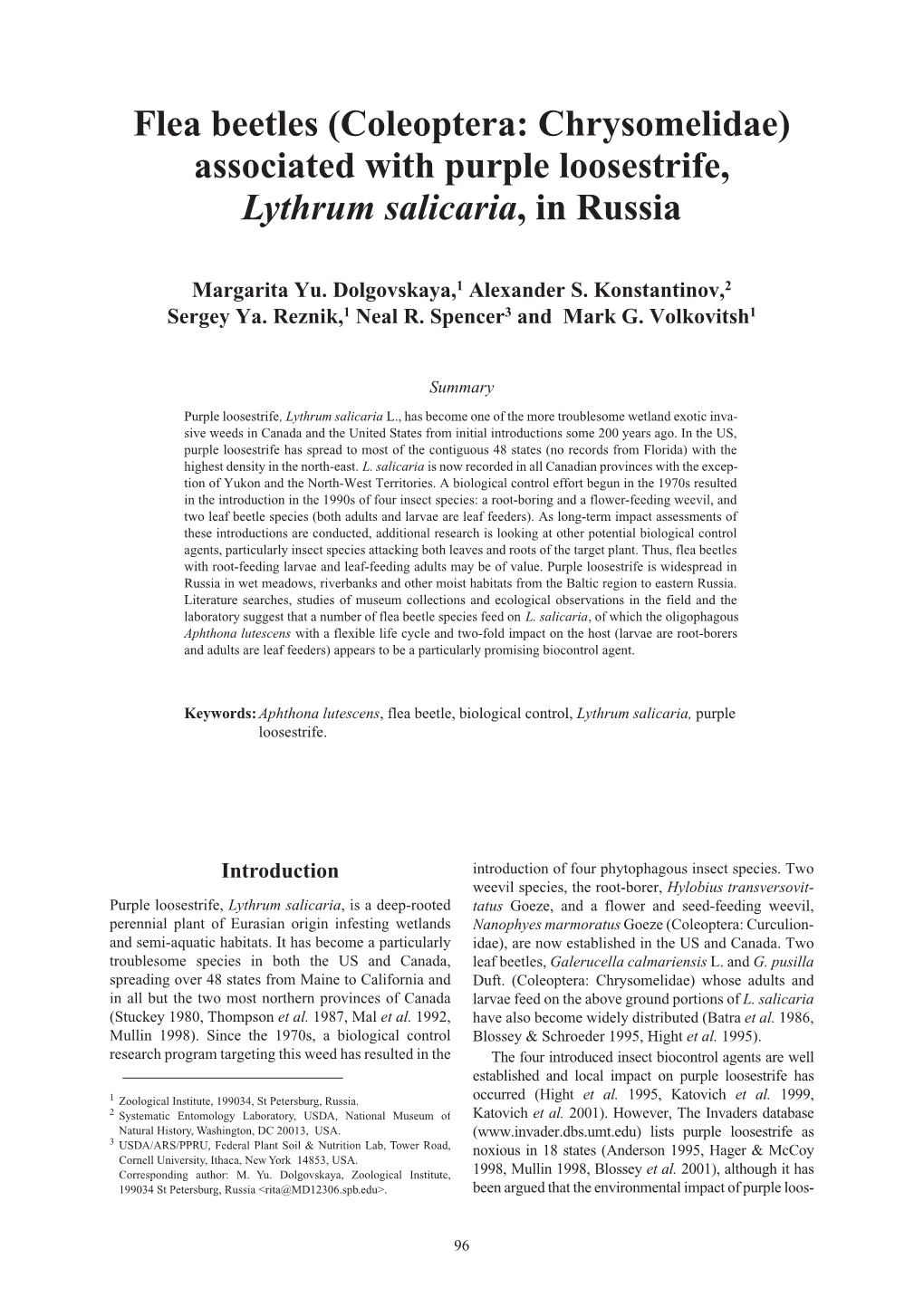 Flea Beetles (Coleoptera: Chrysomelidae) Associated with Purple Loosestrife, Lythrum Salicaria, in Russia