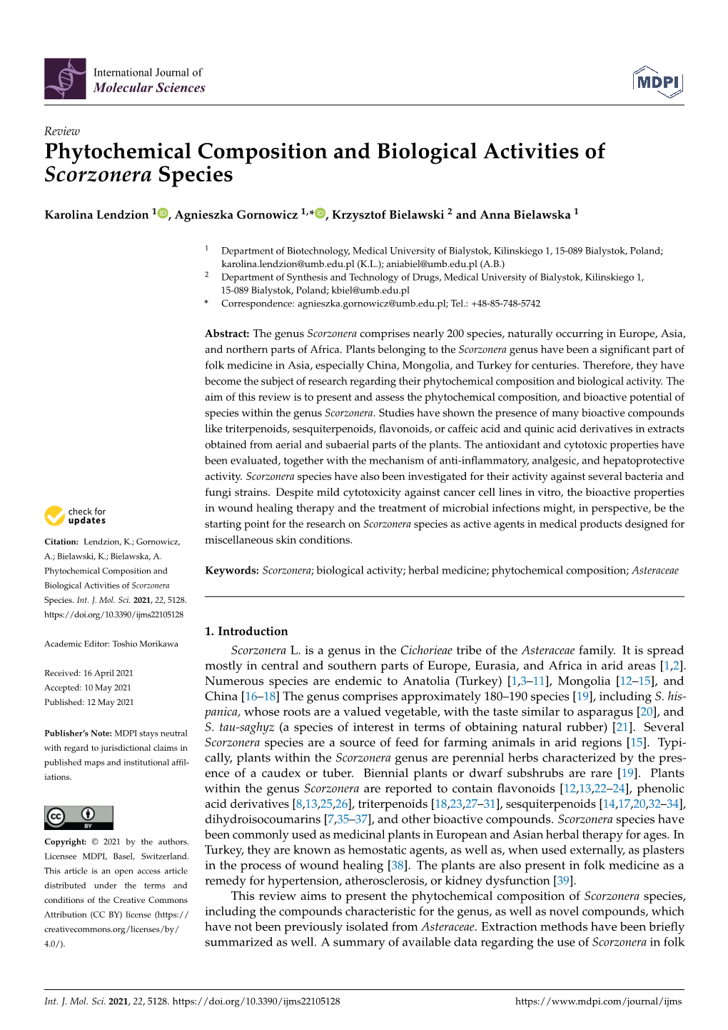 Phytochemical Composition and Biological Activities of Scorzonera Species