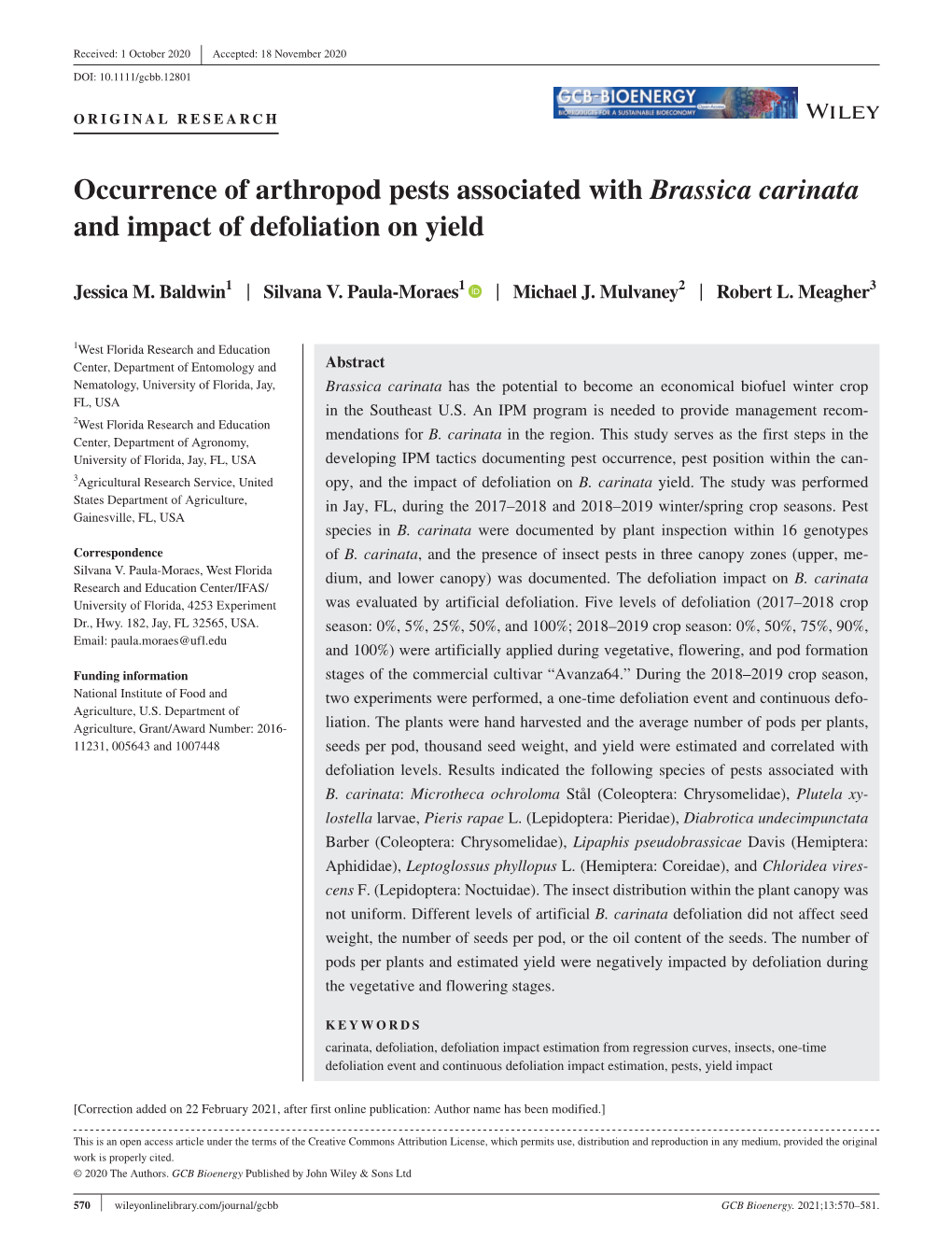 Occurrence of Arthropod Pests Associated with Brassica Carinata and Impact of Defoliation on Yield