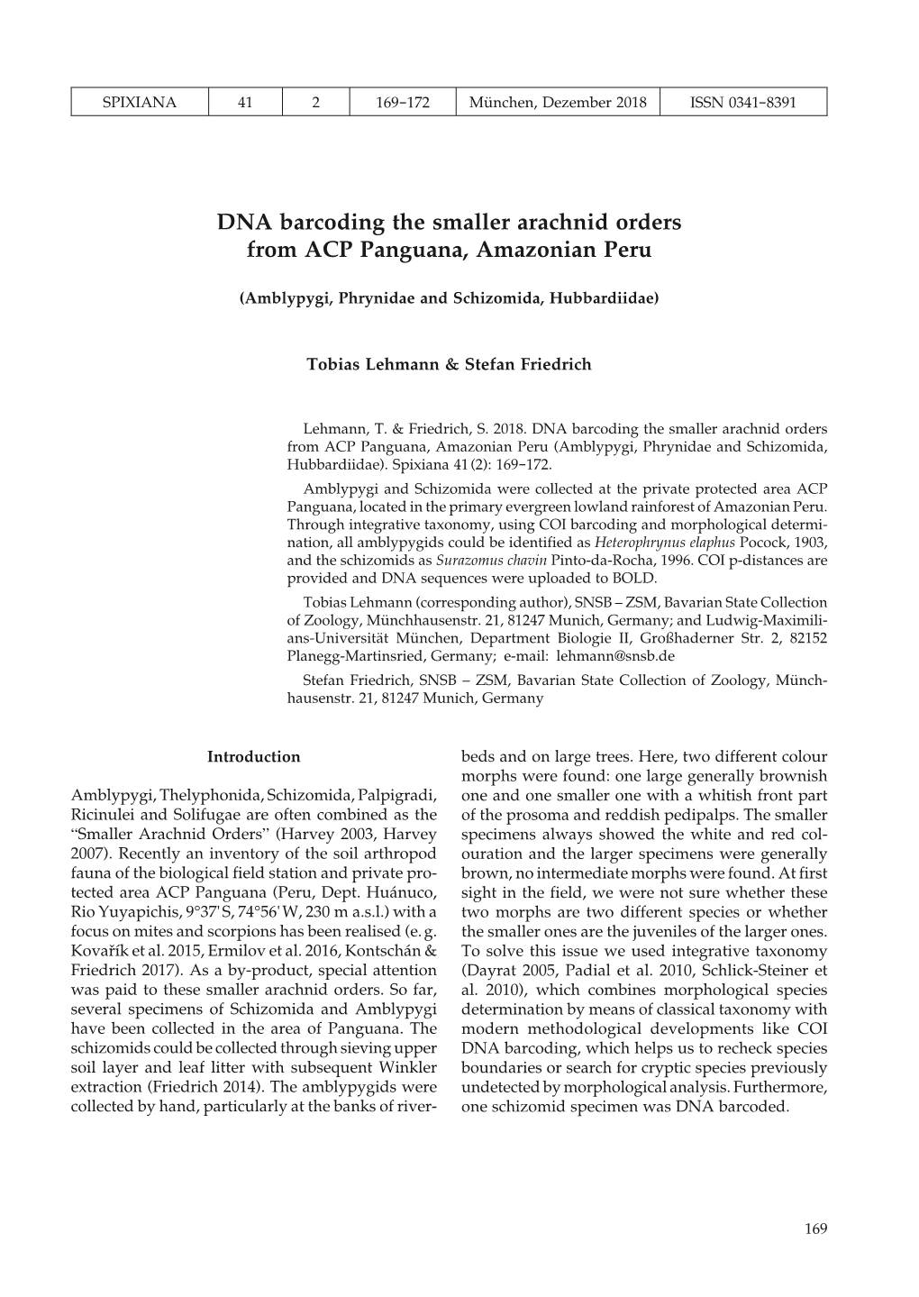 DNA Barcoding the Smaller Arachnid Orders from ACP Panguana, Amazonian Peru