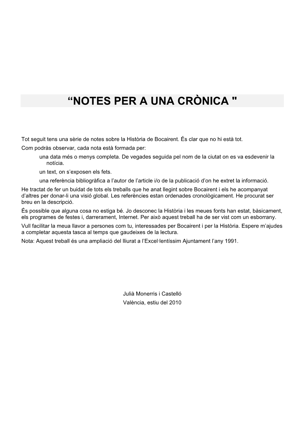 “Notes Per a Una Crònica "