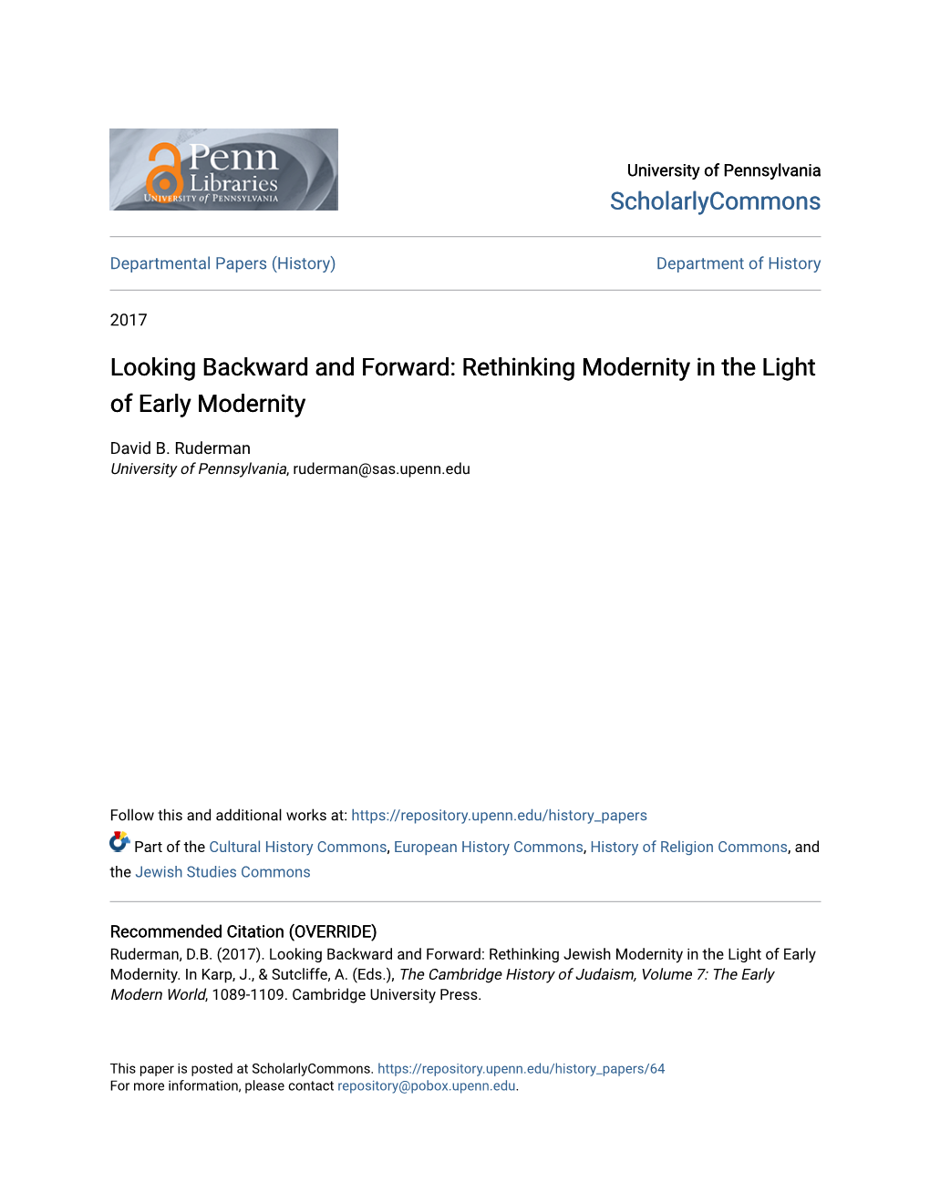 Rethinking Modernity in the Light of Early Modernity