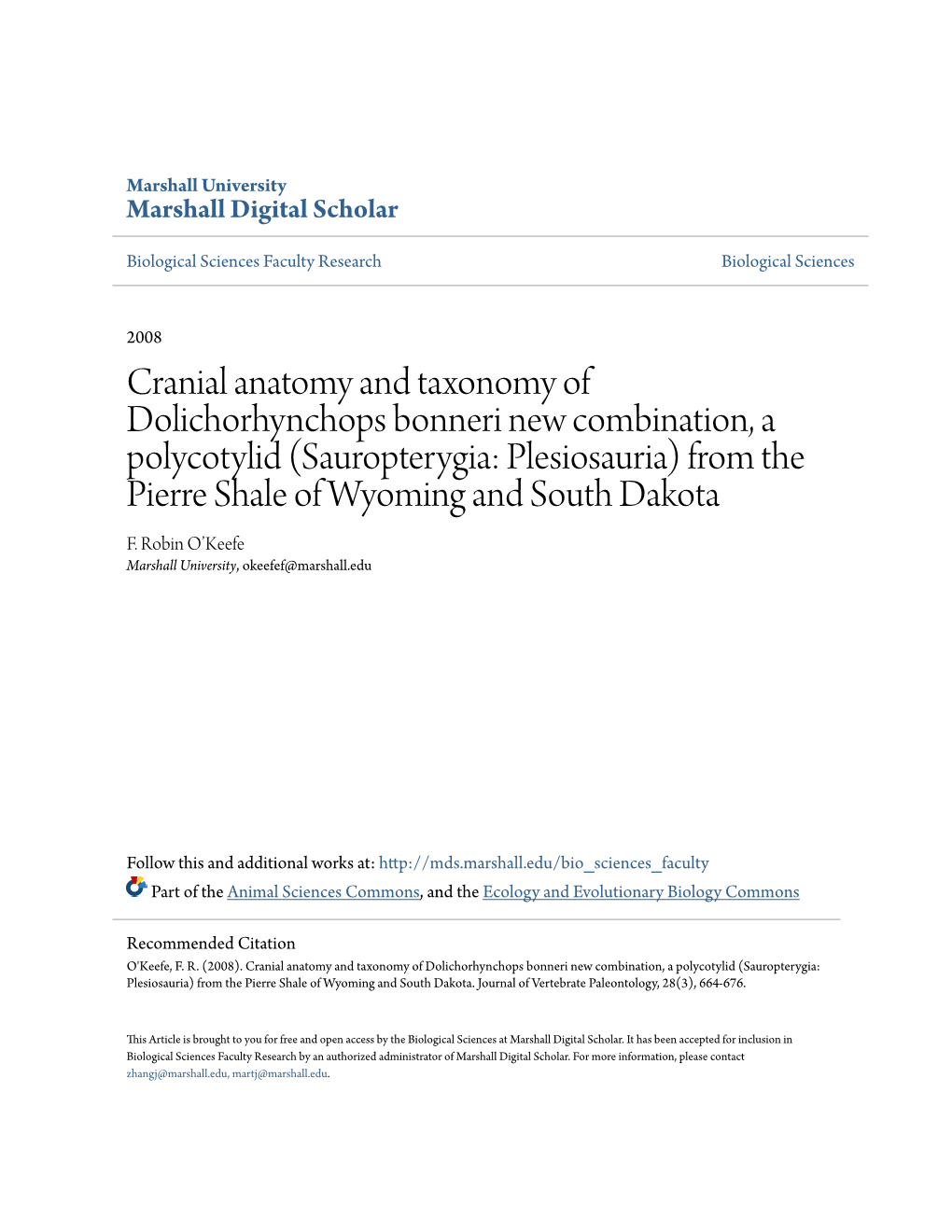 Cranial Anatomy and Taxonomy of Dolichorhynchops Bonneri New