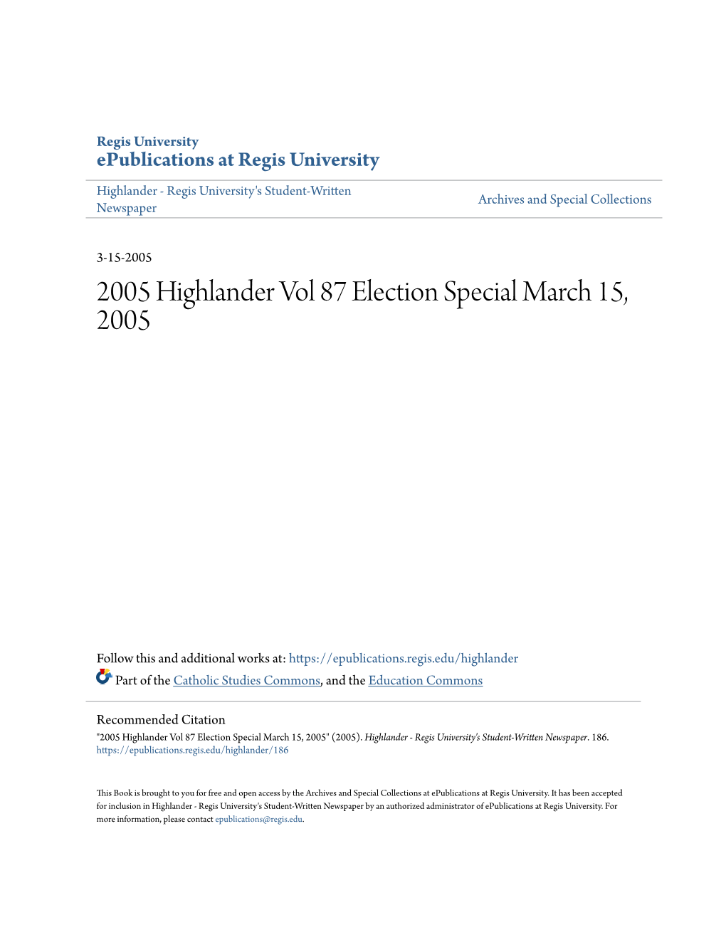 2005 Highlander Vol 87 Election Special March 15, 2005