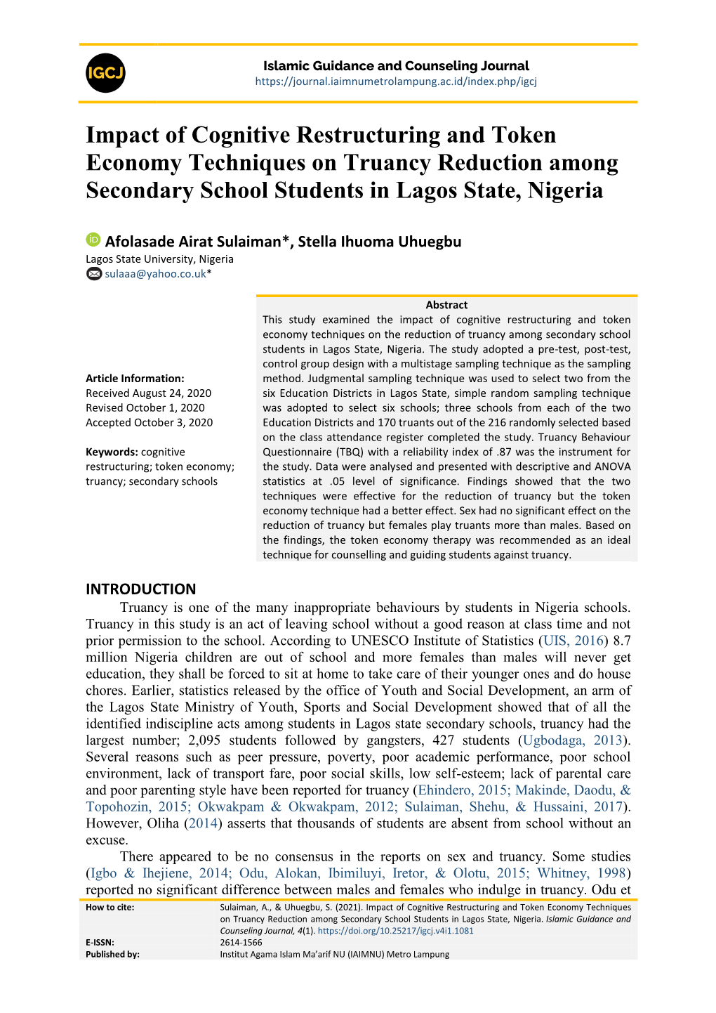 Impact of Cognitive Restructuring and Token Economy Techniques on Truancy Reduction Among Secondary School Students in Lagos State, Nigeria