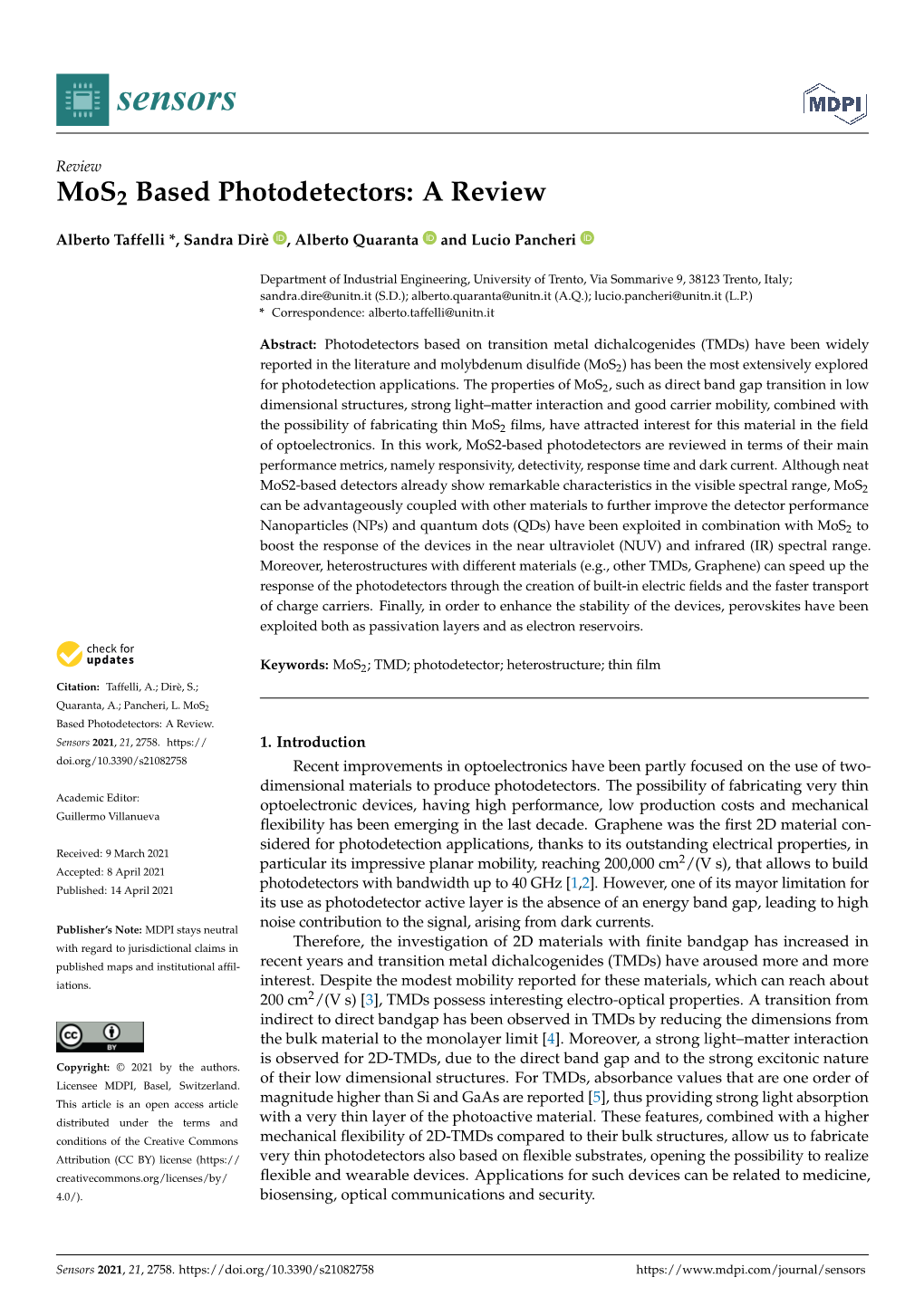 Mos2 Based Photodetectors: a Review