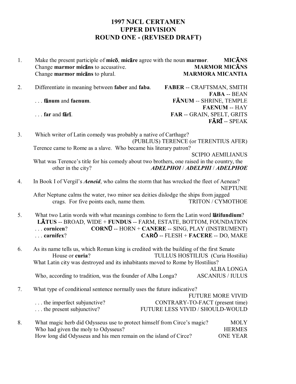 1997 Njcl Certamen Upper Division Round One - (Revised Draft)