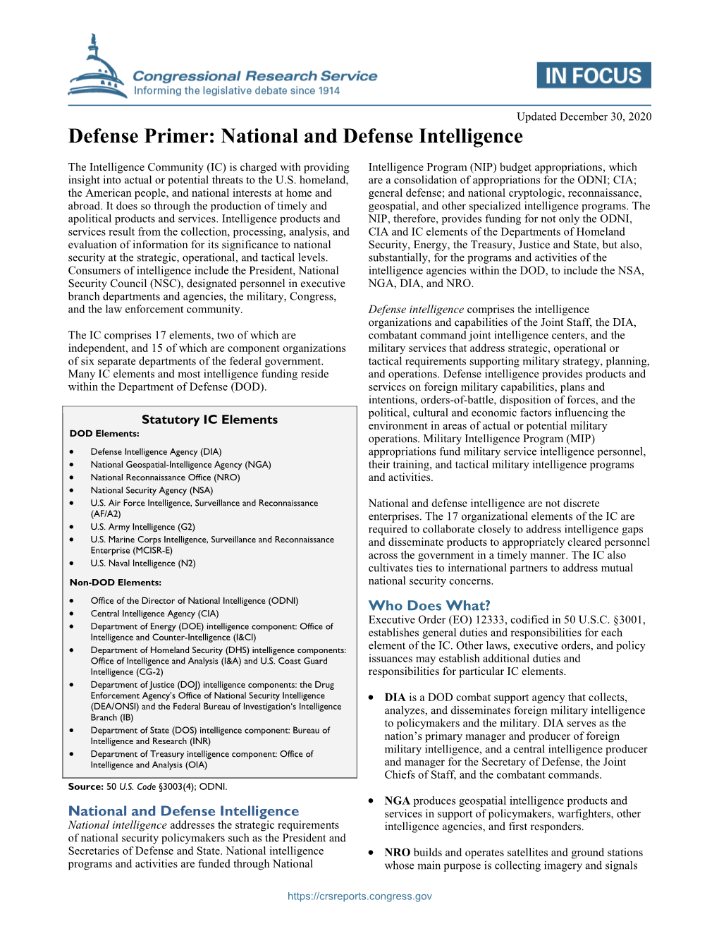 Defense Primer: National and Defense Intelligence