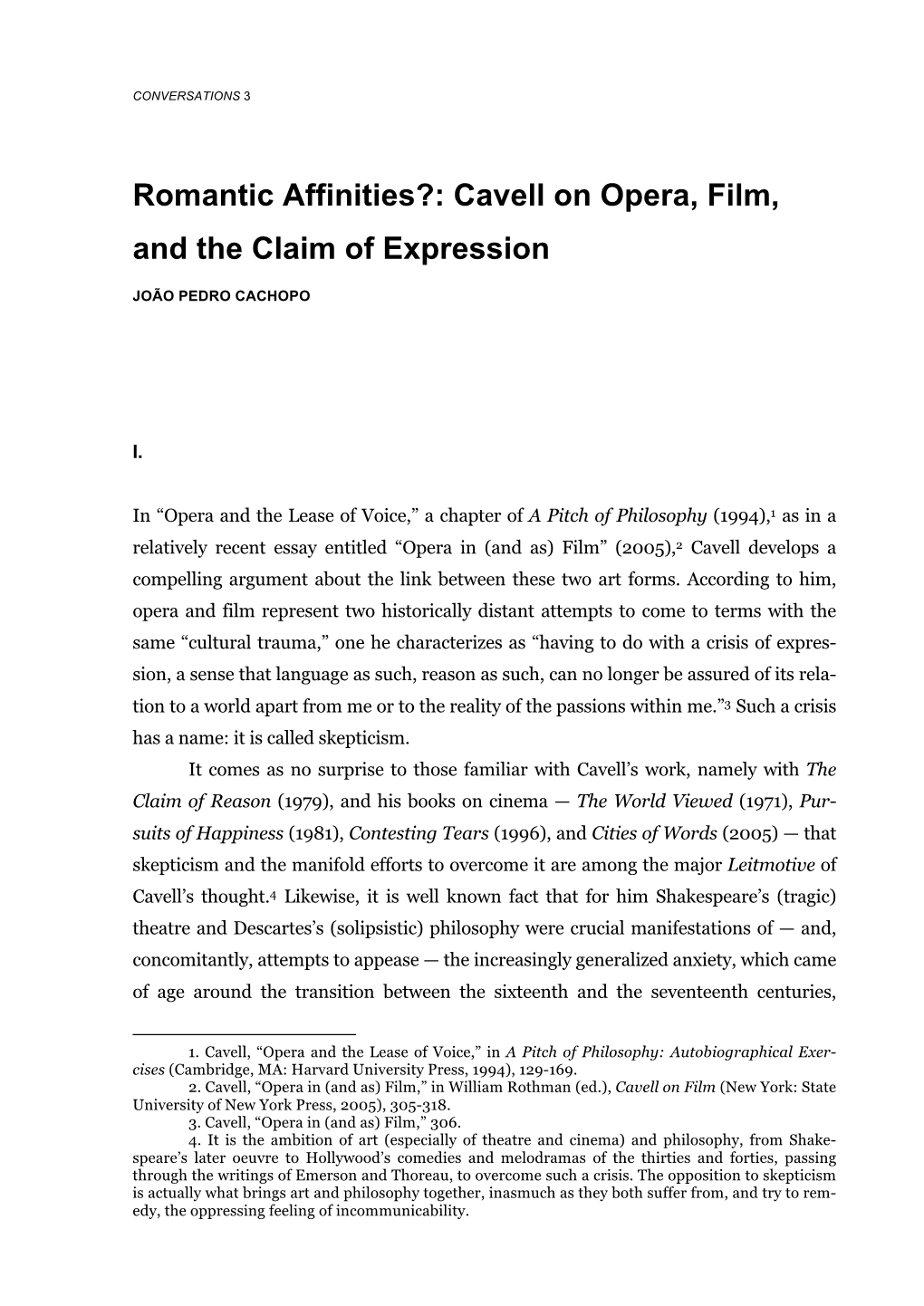 Romantic Affinities?: Cavell on Opera, Film, and the Claim of Expression