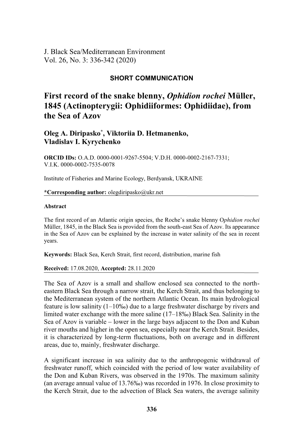 First Record of the Snake Blenny, Ophidion Rochei Müller, 1845 (Actinopterygii: Ophidiiformes: Ophidiidae), from the Sea of Azov