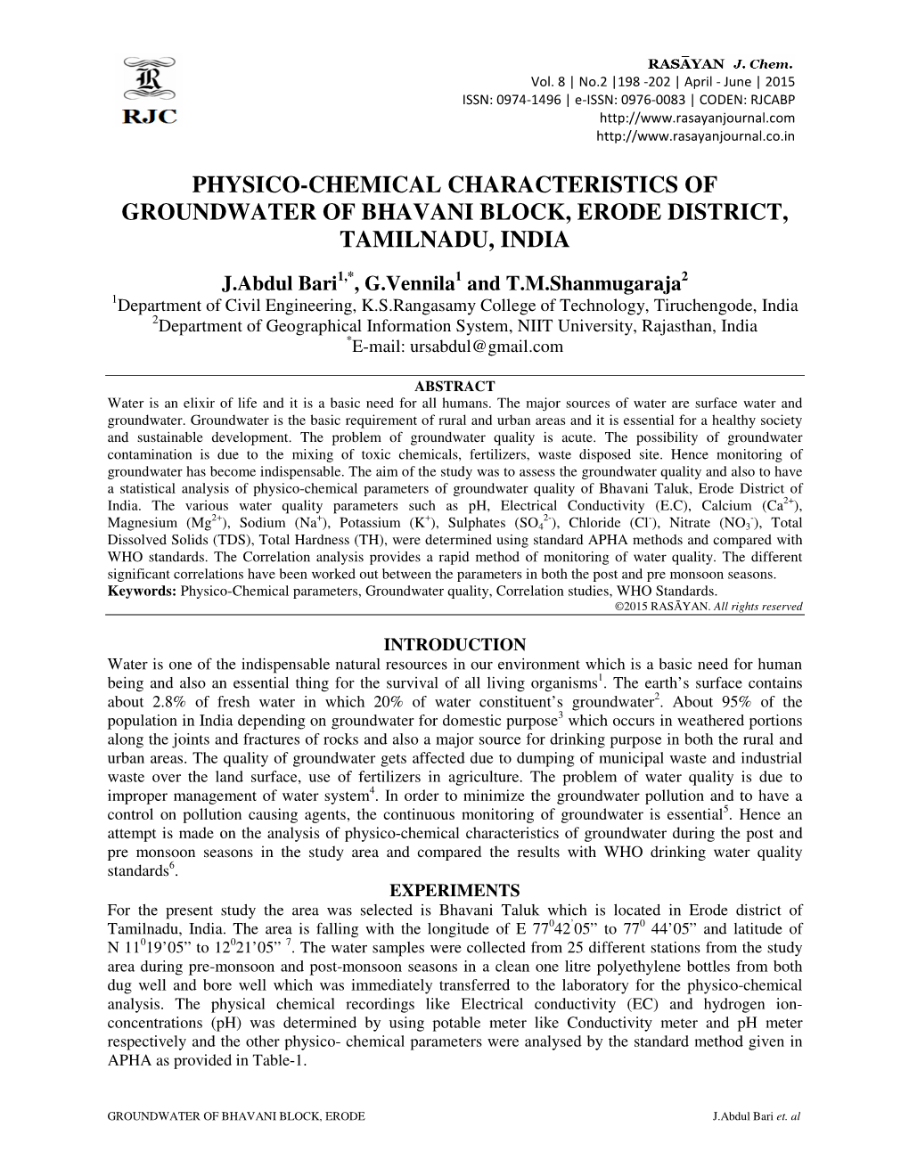 Physico-Chemical Characteristics of Groundwater of Bhavani Block, Erode District, Tamilnadu, India