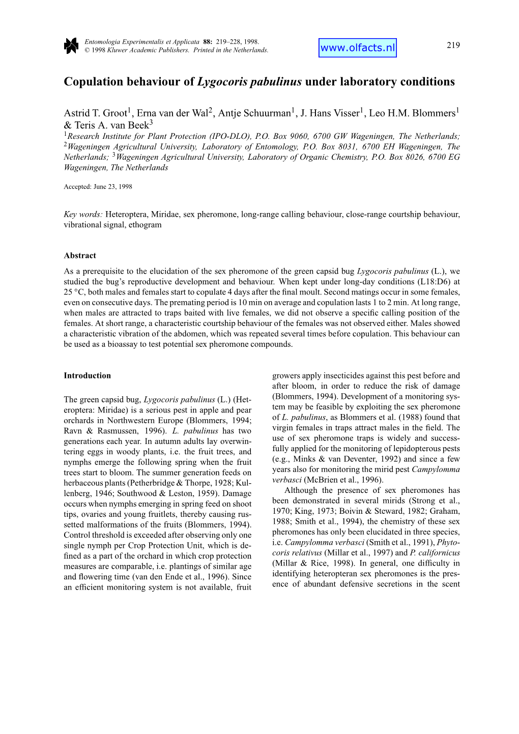 Copulation Behaviour of Lygocoris Pabulinus Under Laboratory Conditions