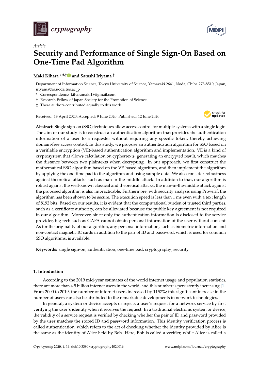 Security and Performance of Single Sign-On Based on One-Time Pad Algorithm