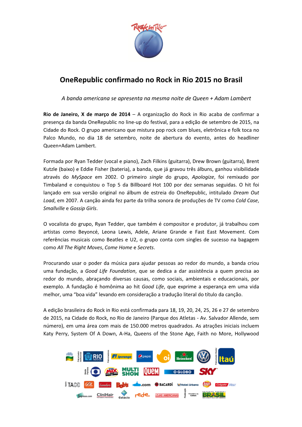 Onerepublic Confirmado No Rock in Rio 2015 No Brasil