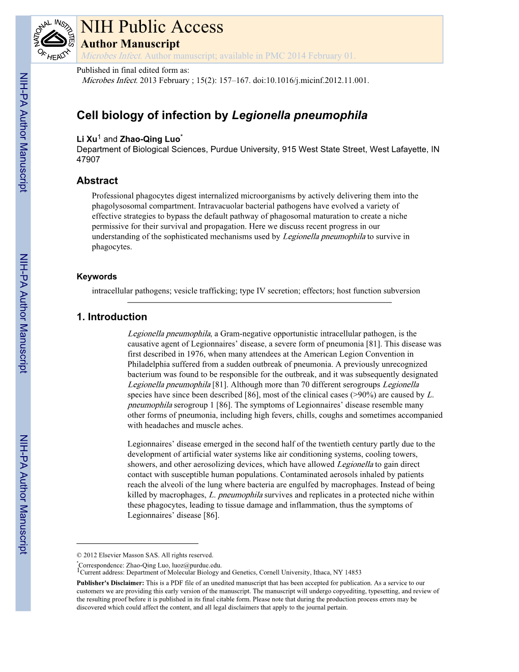 Cell Biology of Infection by Legionella Pneumophila