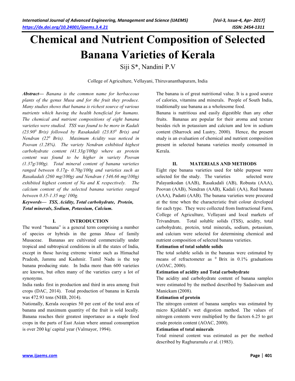 Chemical and Nutrient Composition of Selected Banana Varieties of Kerala Siji S*, Nandini P.V