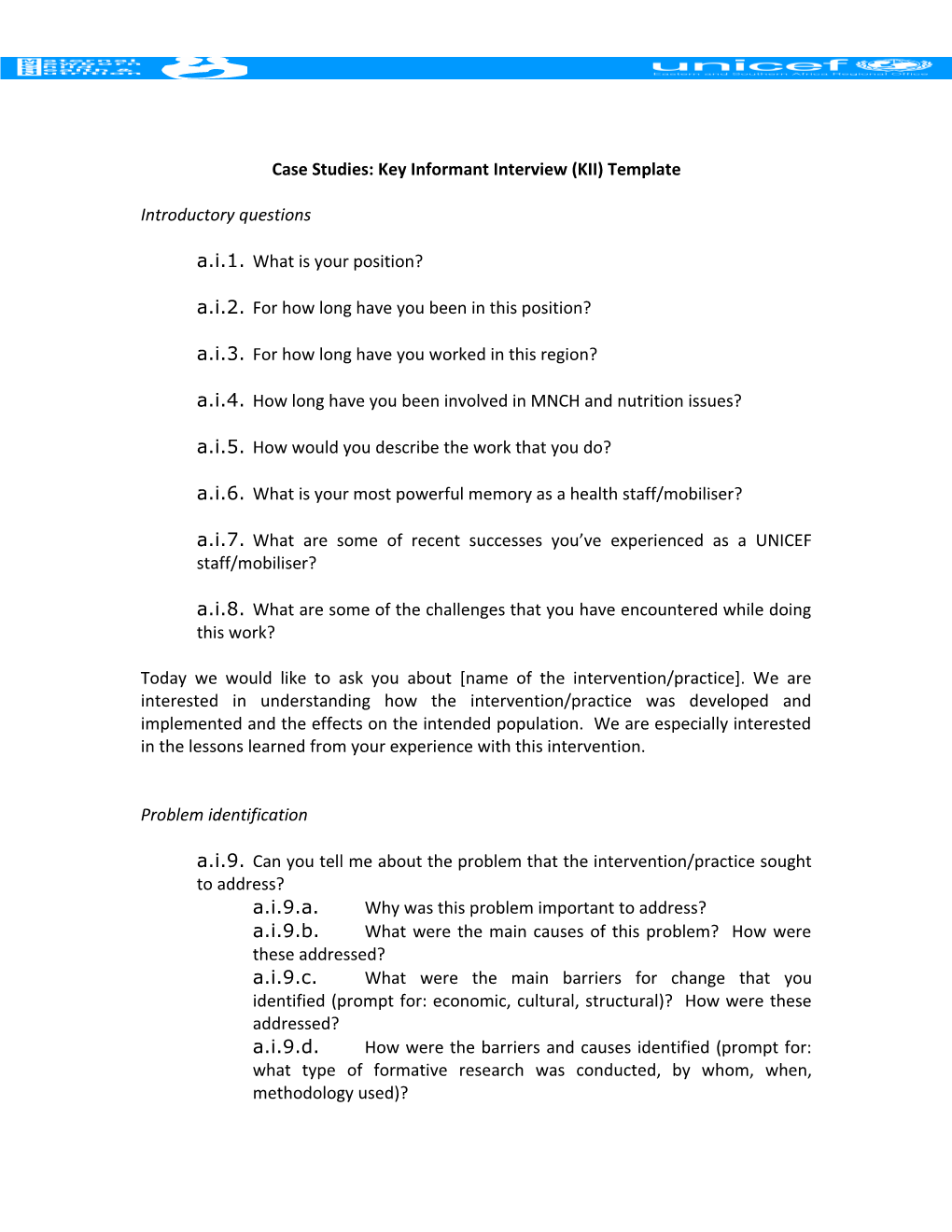 Case Studies: Key Informant Interview (KII) Template