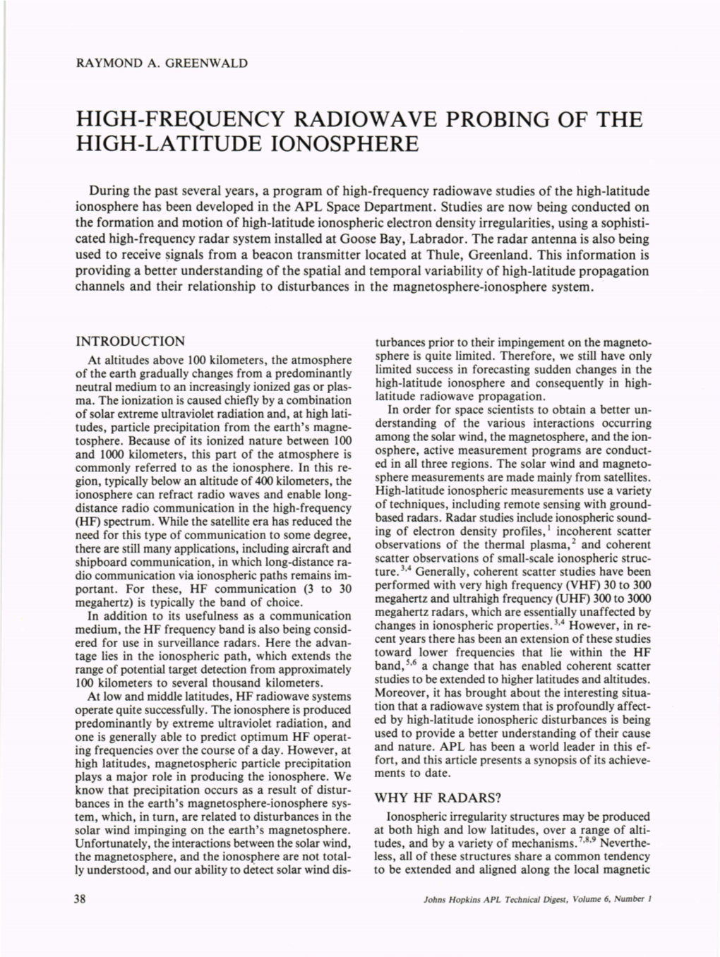 High-Frequency Radiowa Ve Probing of the High-Latitude Ionosphere