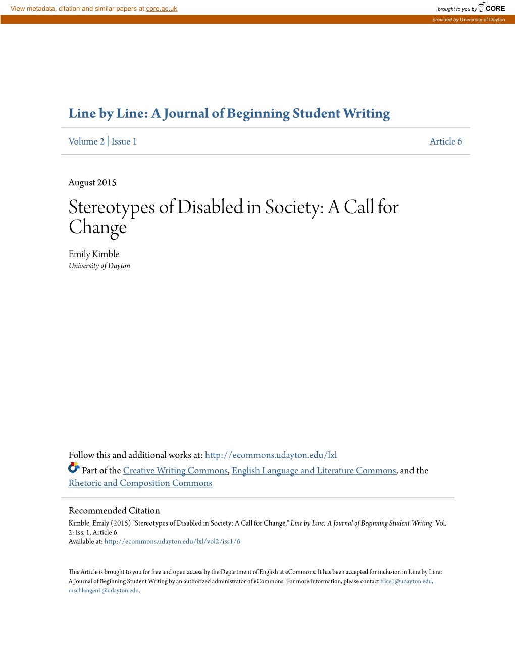 Stereotypes of Disabled in Society: a Call for Change Emily Kimble University of Dayton