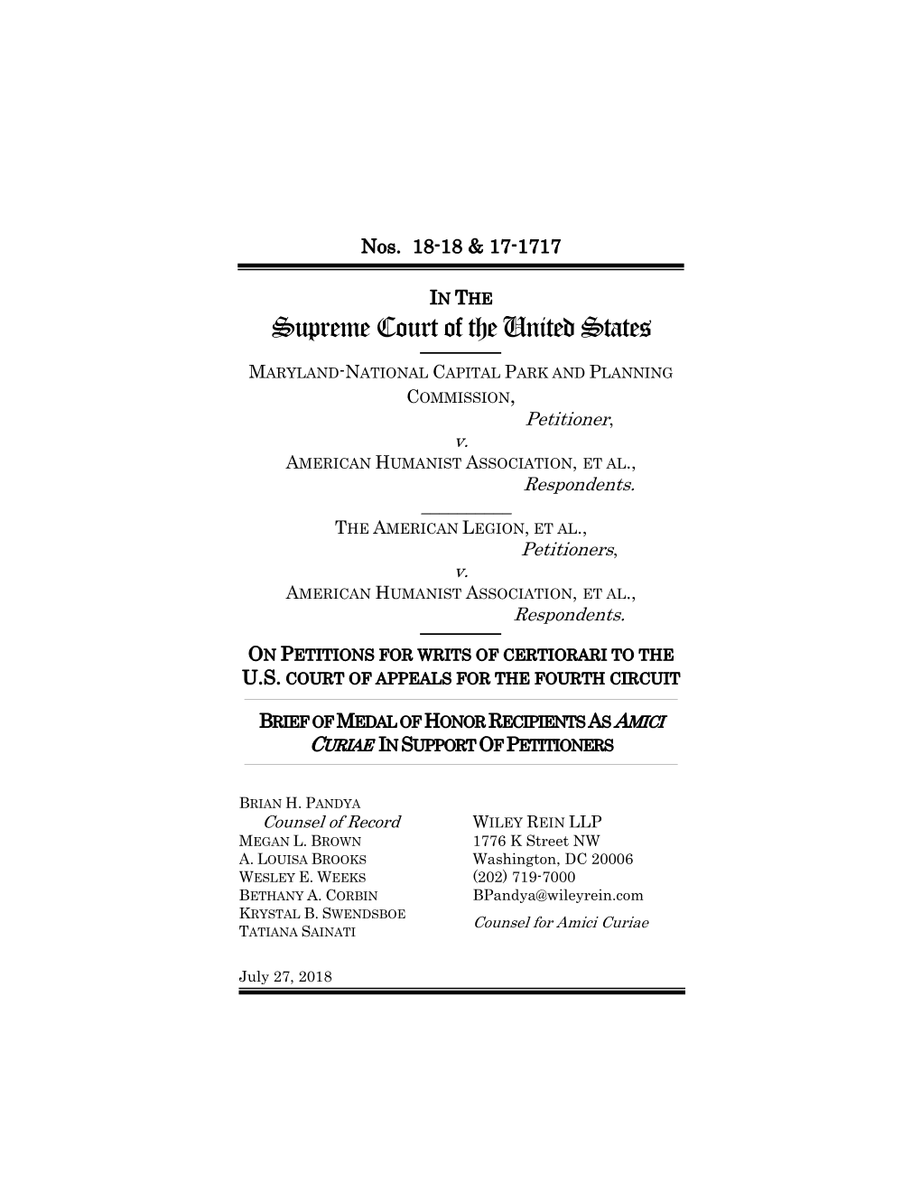 Brief of Medal of Honor Recipients As Amici Curiae in Support of Petitioners