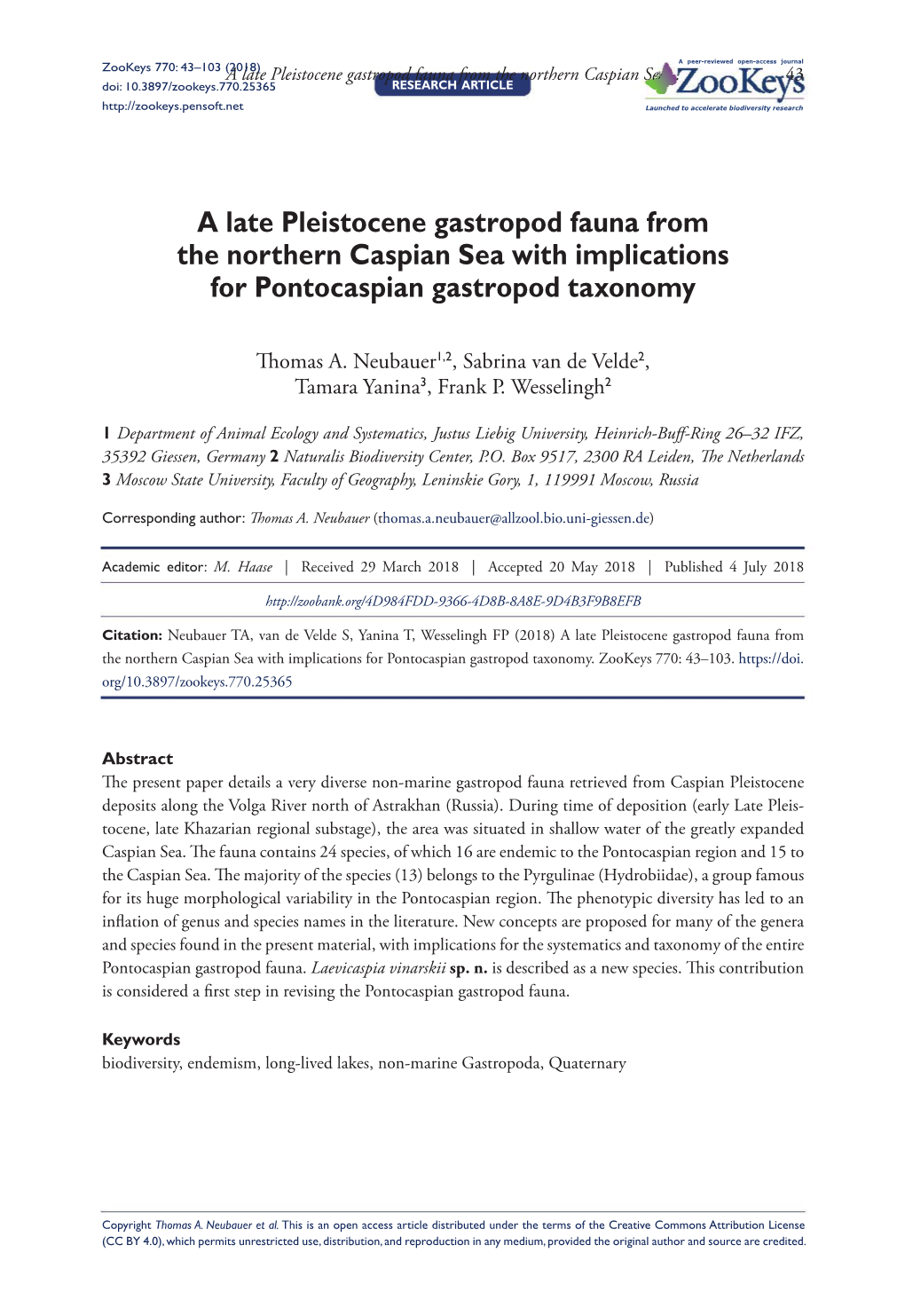 A Late Pleistocene Gastropod Fauna from the Northern Caspian Sea with Implications for Pontocaspian Gastropod Taxonomy