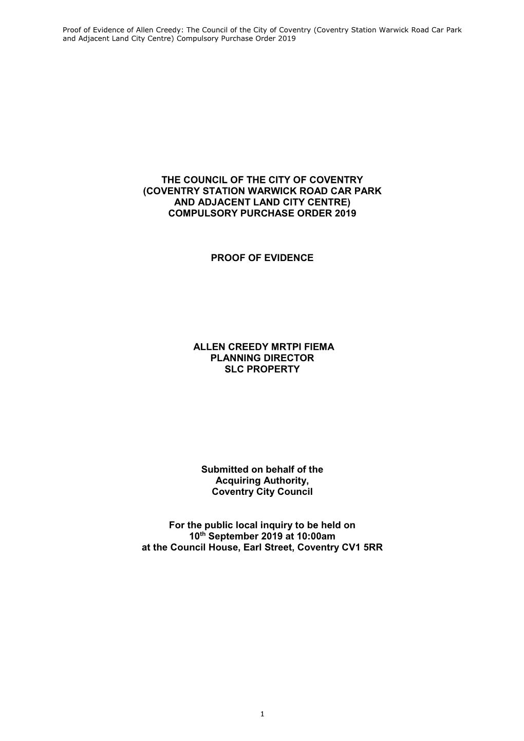 (Coventry Station Warwick Road Car Park and Adjacent Land City Centre) Compulsory Purchase Order 2019