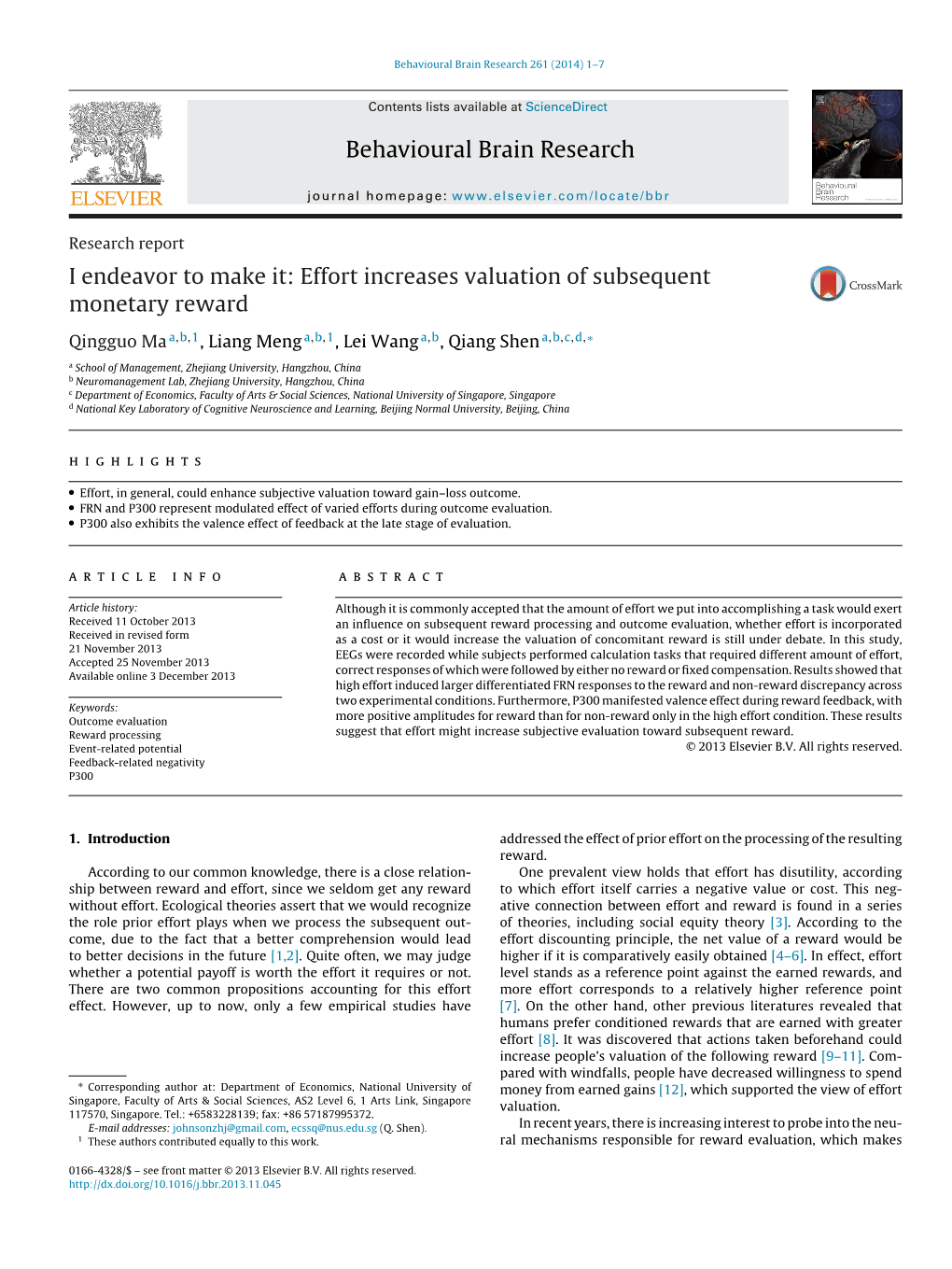 Effort Increases Valuation of Subsequent Monetary Reward