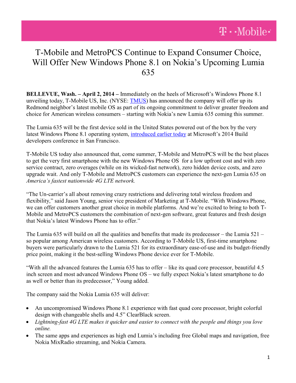 T-Mobile and Metropcs Continue to Expand Consumer Choice, Will Offer New Windows Phone 8.1 on Nokia’S Upcoming Lumia 635