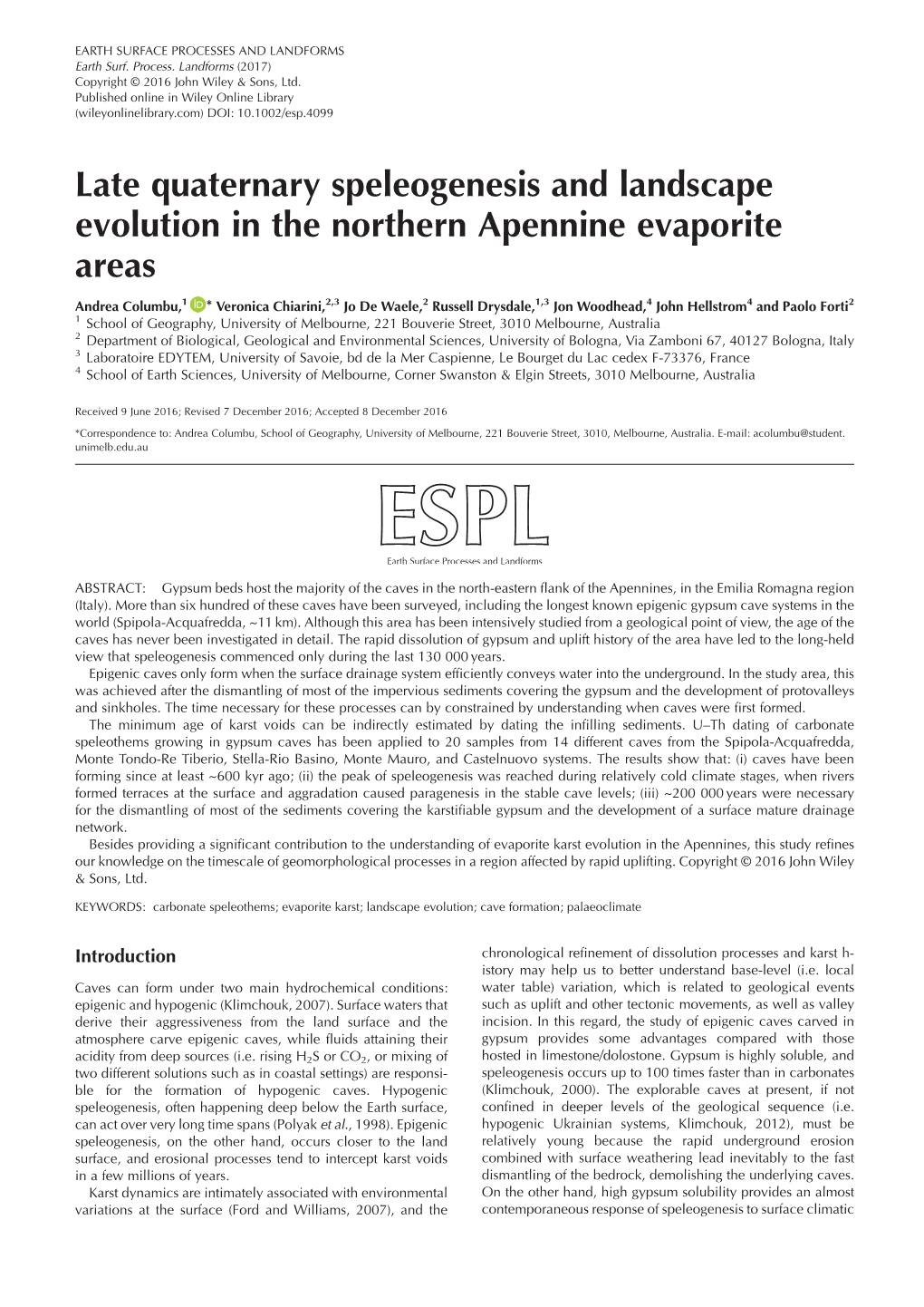 Late Quaternary Speleogenesis and Landscape Evolution in the Northern Apennine Evaporite Areas