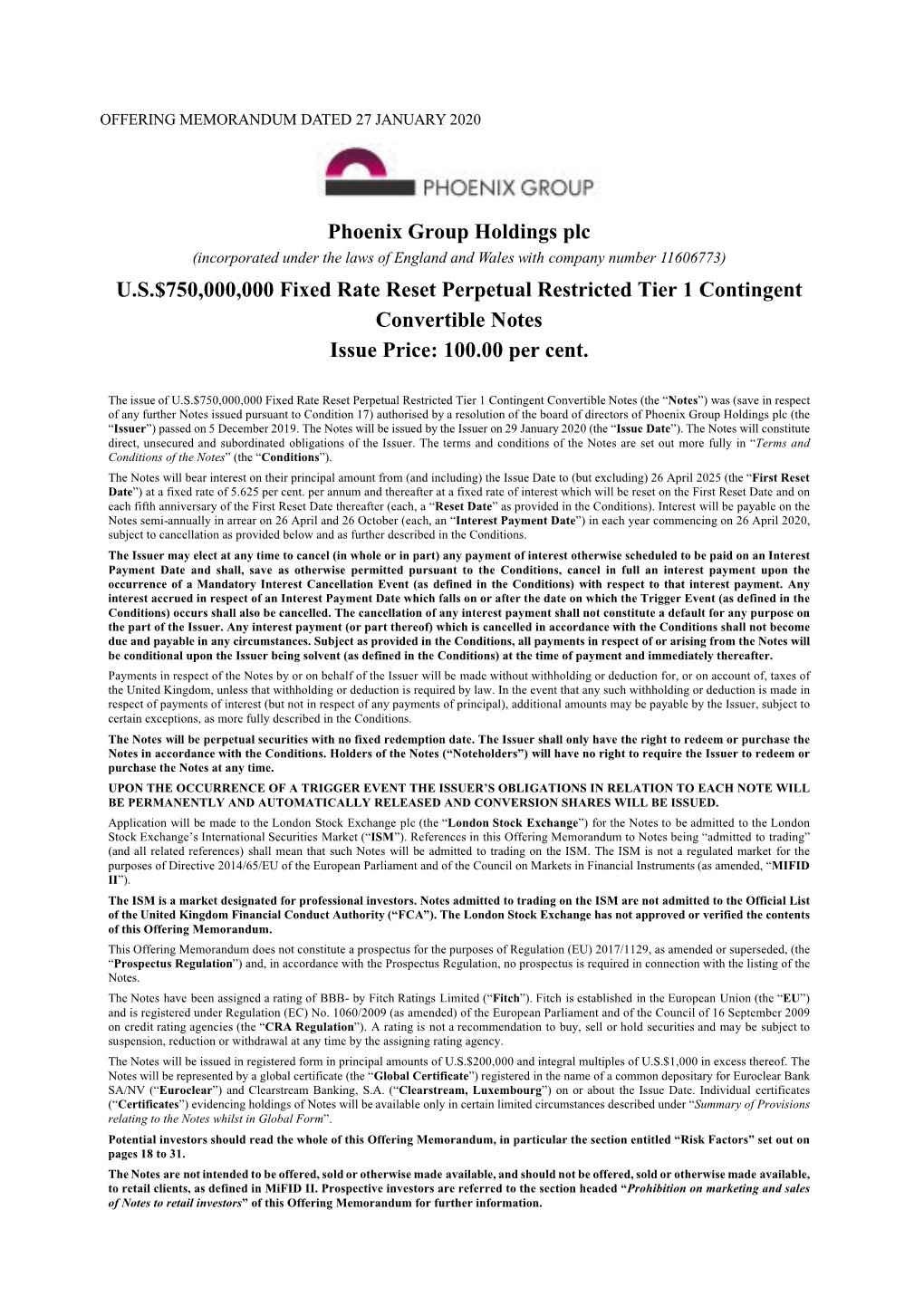 Phoenix Group Holdings Plc U.S.$750,000,000 Fixed Rate