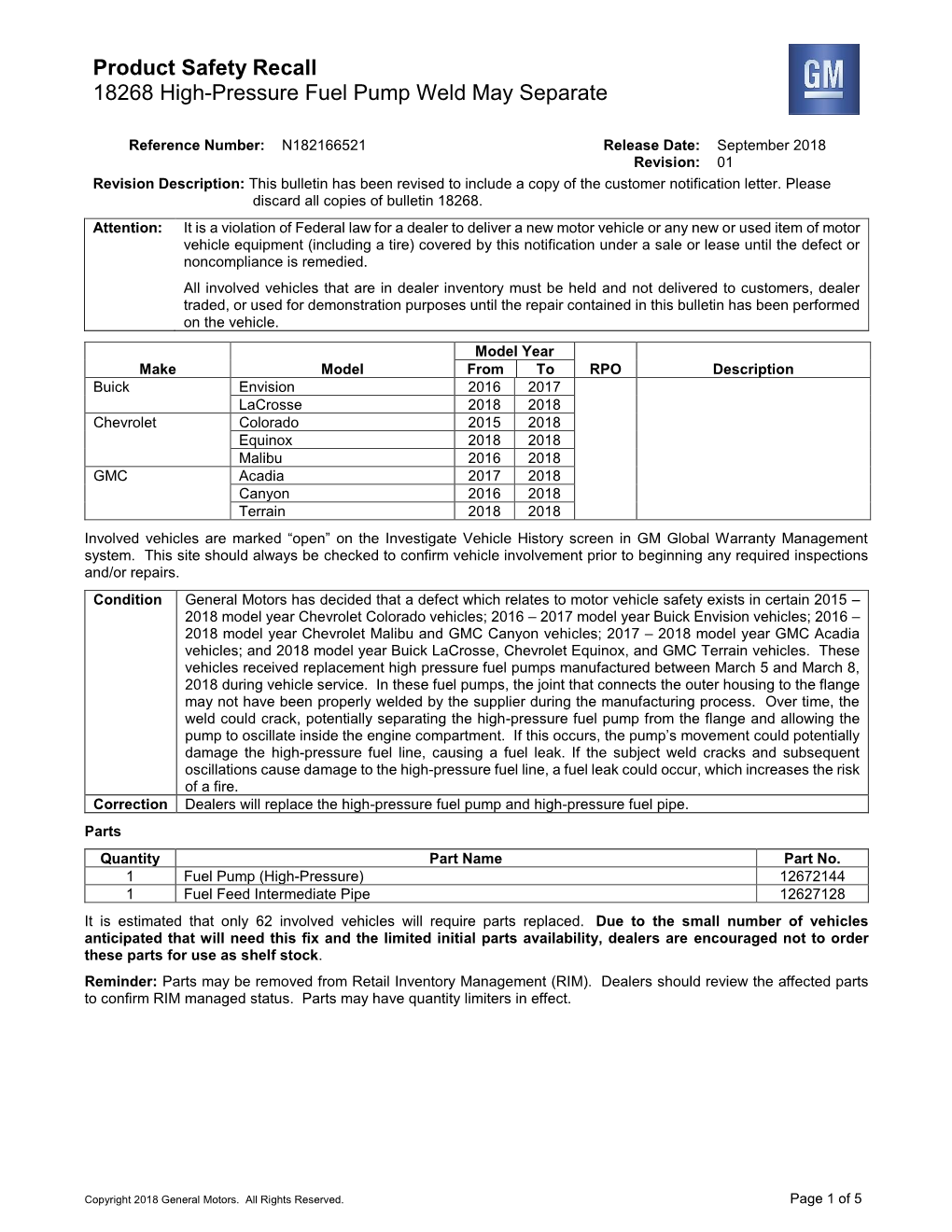 Product Safety Recall 18268 High-Pressure Fuel Pump Weld May Separate