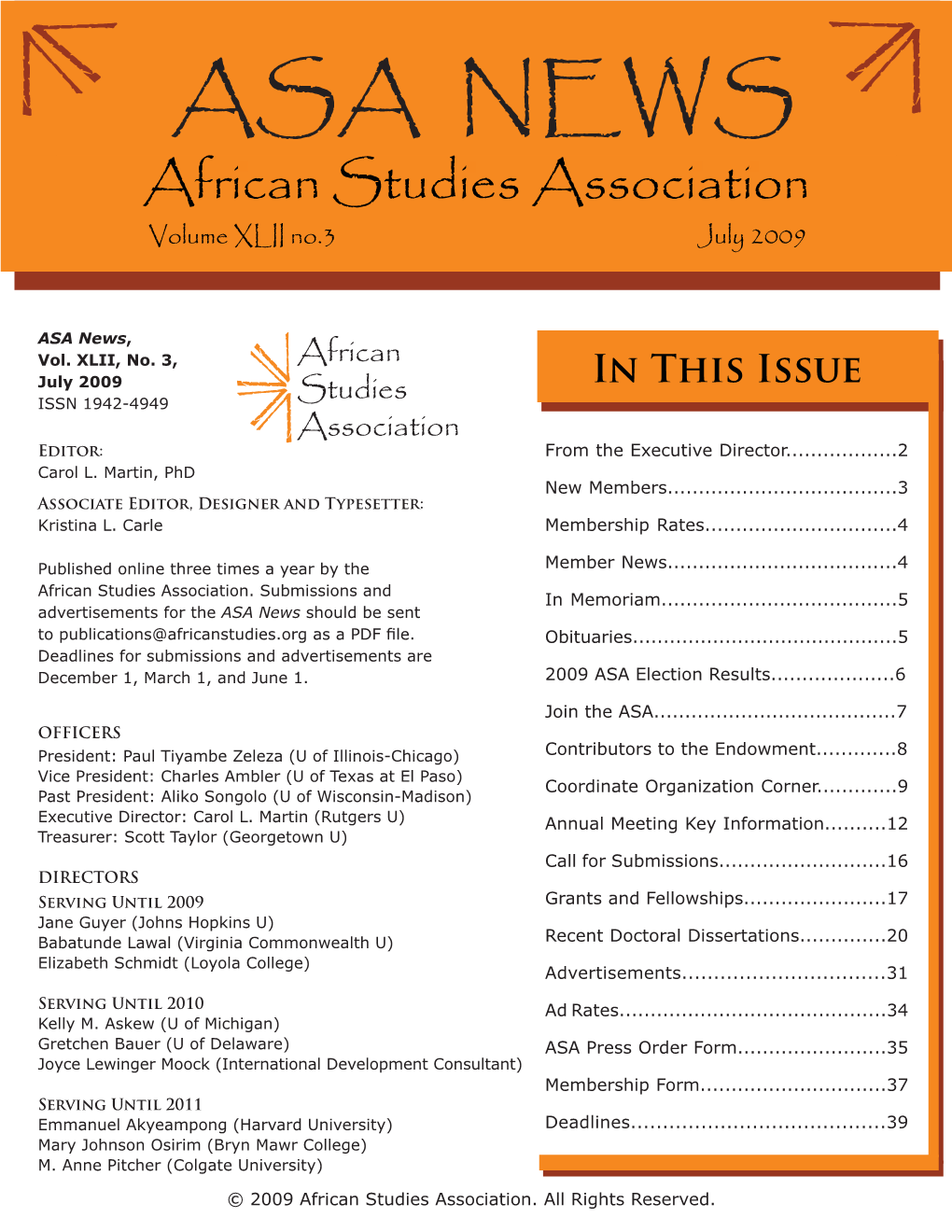 ASA NEWS African Studies Association Volume XLII No.3 July 2009