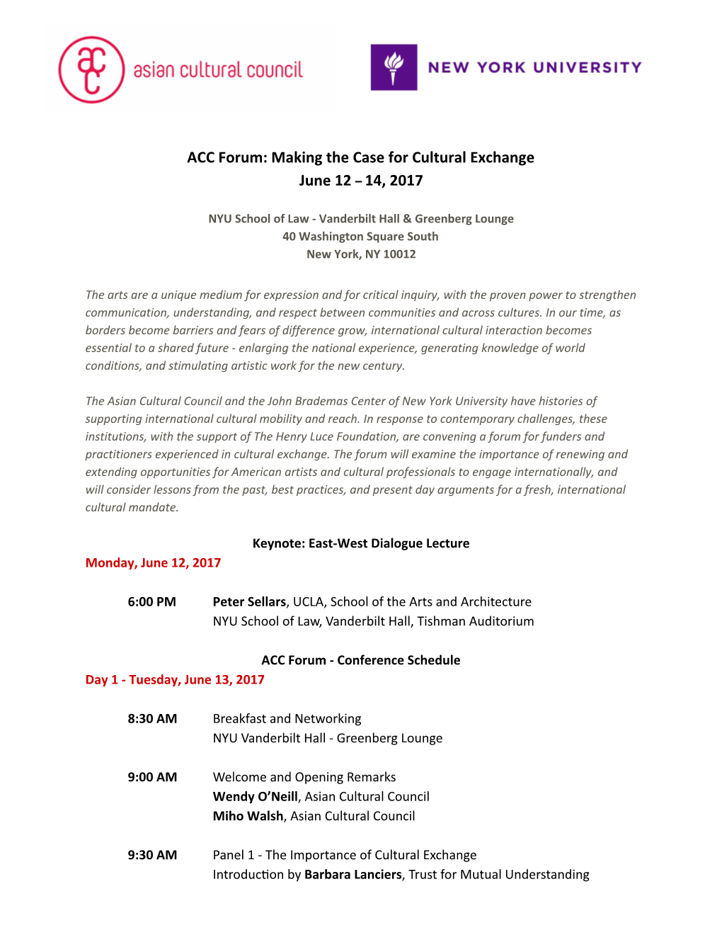 ACC Forum: Making the Case for Cultural Exchange June 12 – 14, 2017
