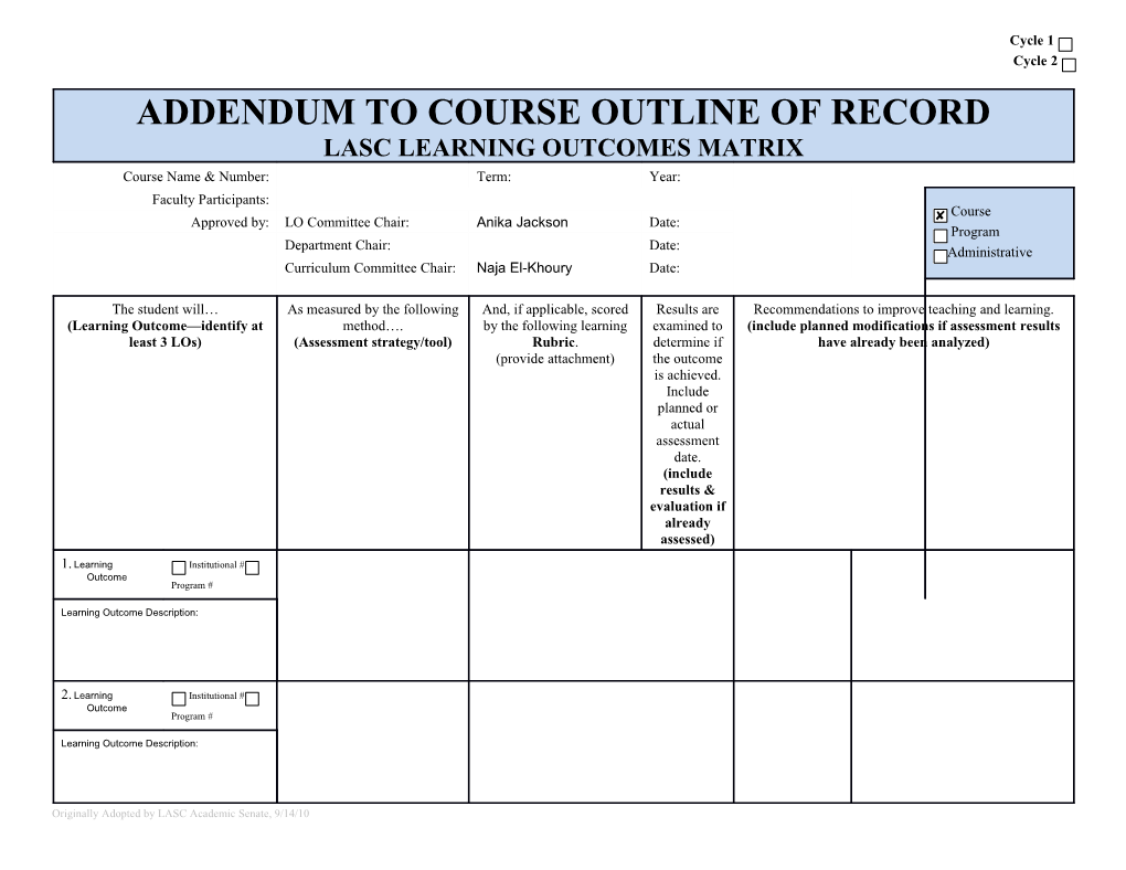 Approved by Learning Outcomes Committee 09/15/2015 Approved by Academic Senate Date: 10/13/2015