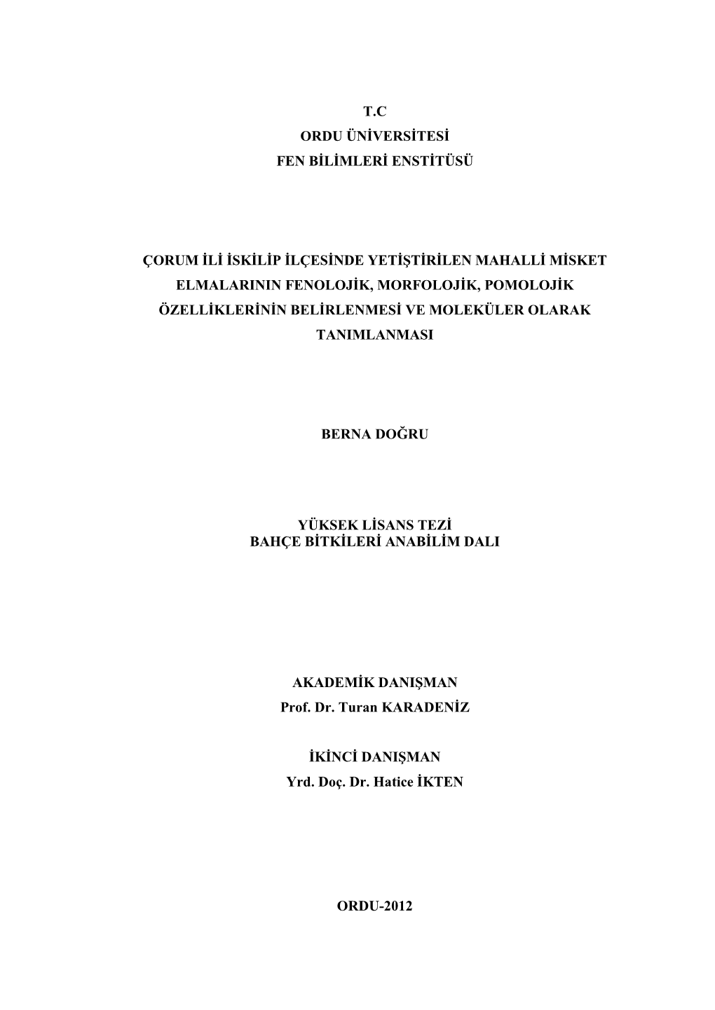 T.C Ordu Üniversitesi Fen Bilimleri Enstitüsü Çorum Ili