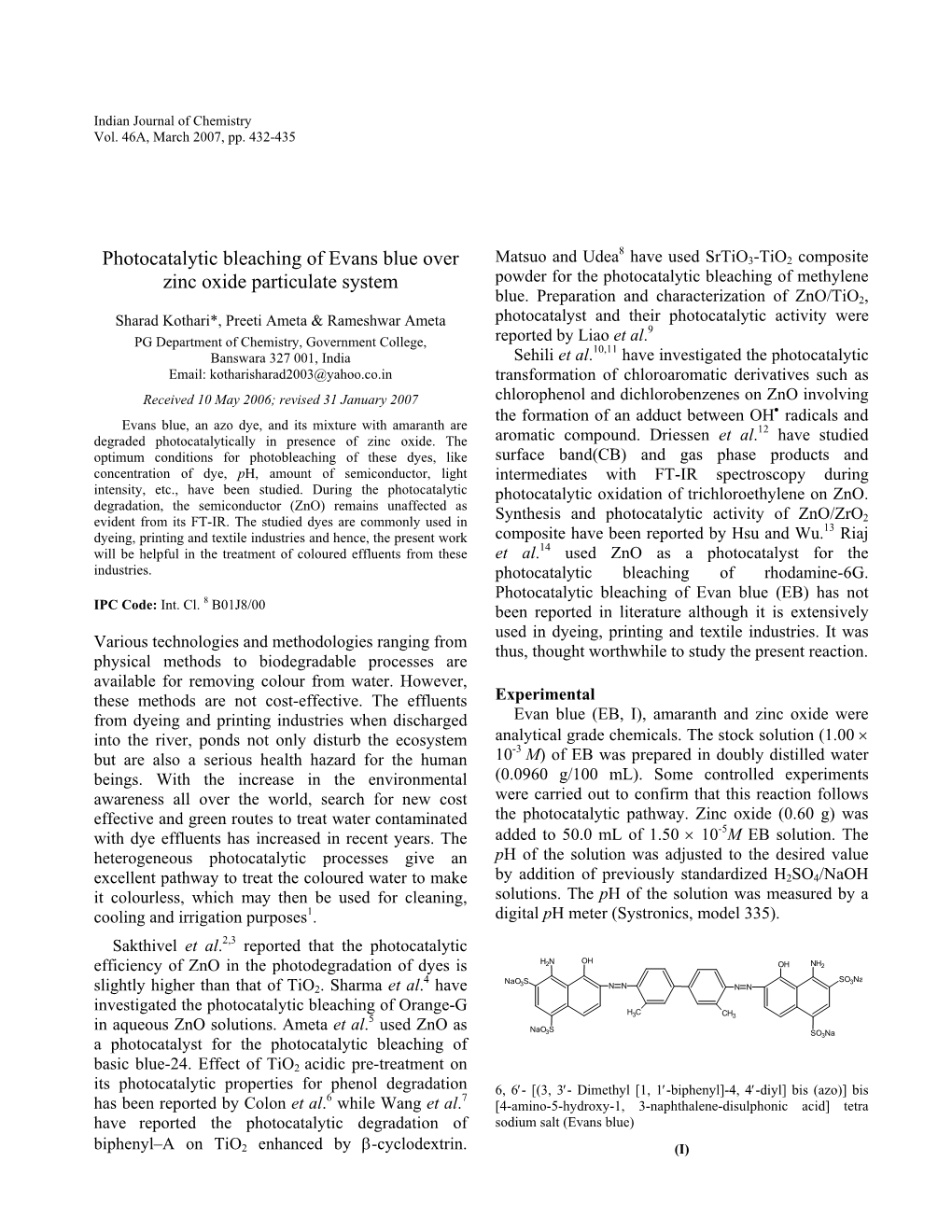 Photocatalytic Bleaching of Evans Blue Over Zinc Oxide Particulate