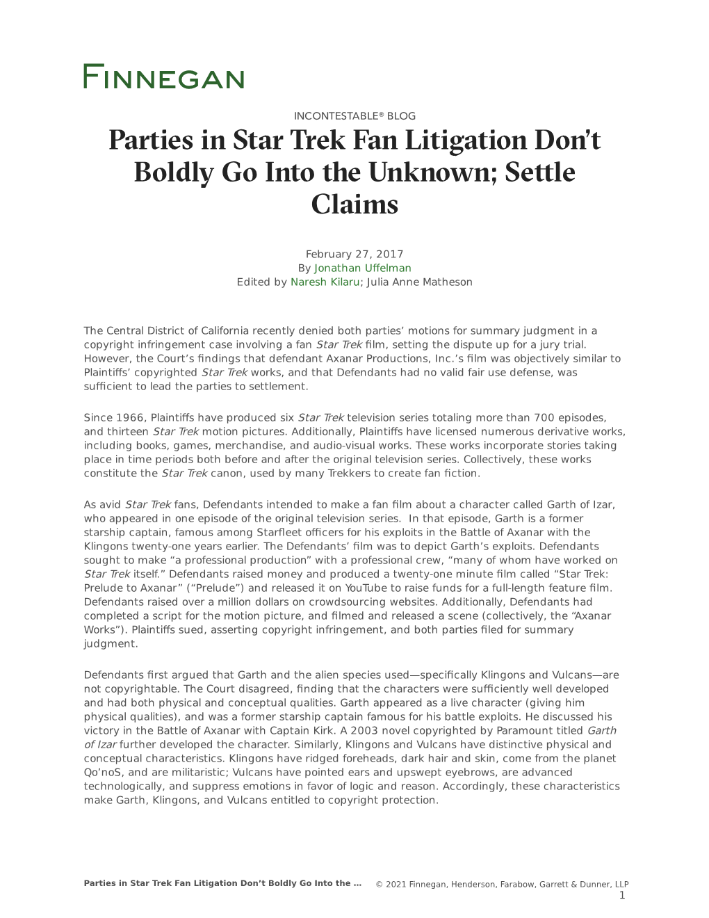 Parties in Star Trek Fan Litigation Don't Boldly Go Into the Unknown