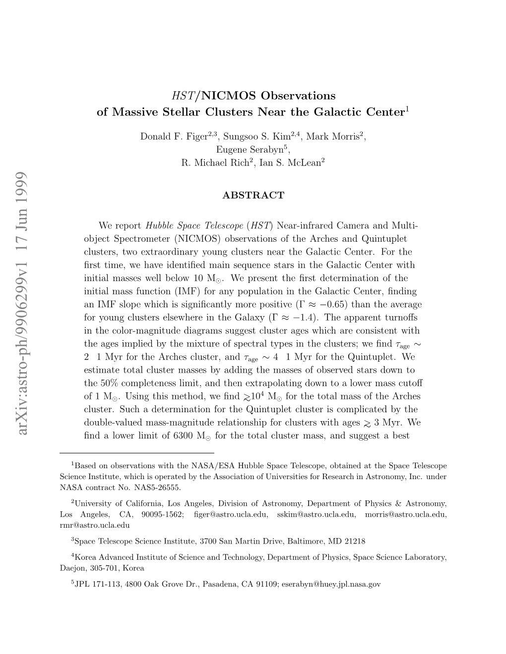 Arxiv:Astro-Ph/9906299V1 17 Jun 1999 Cec Nttt,Wihi Prtdb H Soito Funiversit NAS5-26555