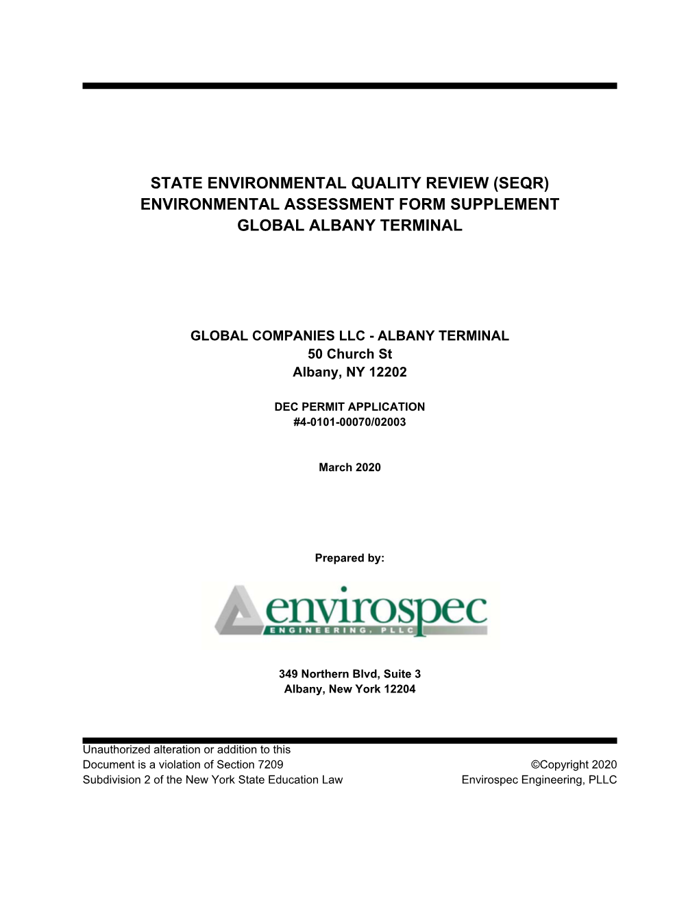 State Environmental Quality Review (Seqr) Environmental Assessment Form Supplement Global Albany Terminal