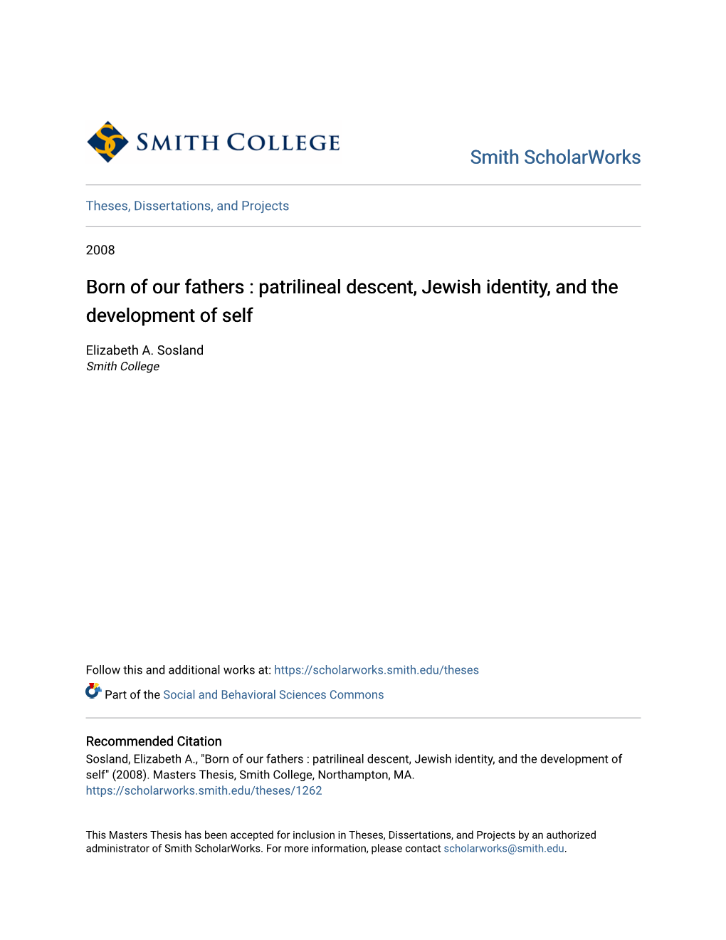 Born of Our Fathers : Patrilineal Descent, Jewish Identity, and the Development of Self